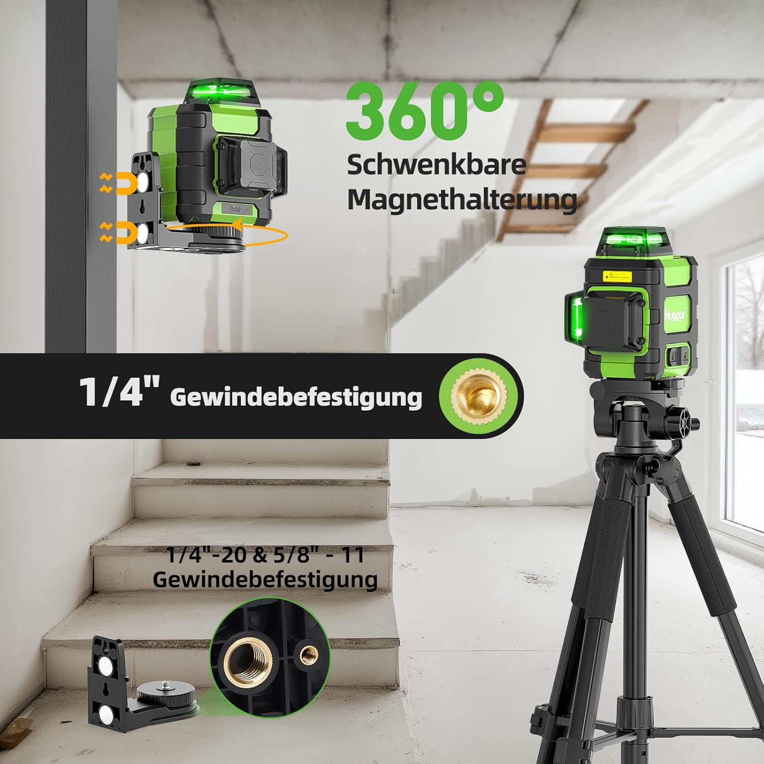 Detalle de Huepar Kreuzlinienlaser 360 grün HM03CG – Selbstnivellierend, wiederaufladbar, 3D-Laserwaage mit starker Magnethalterung