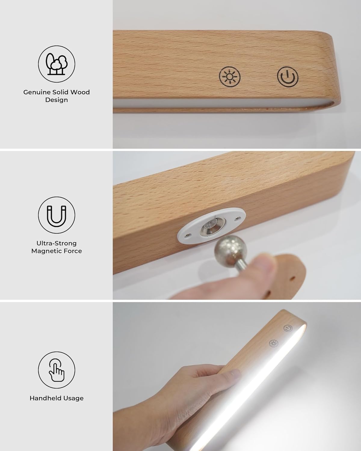 Detalle de Rechargeable Wood Battery Wall Sconces Set of Two: Cordless LED Lights with Remote, Touch, 360° Magnetic Rotation and 15 RGB Colours