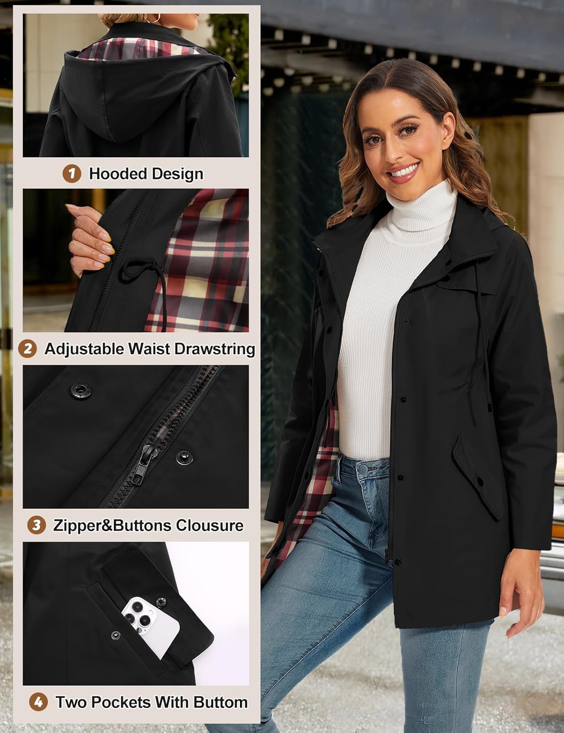 Thumbnail 3 de UMIPUBO Womens Waterproof Jackets: Long Hooded Raincoat for Outdoor Adventures