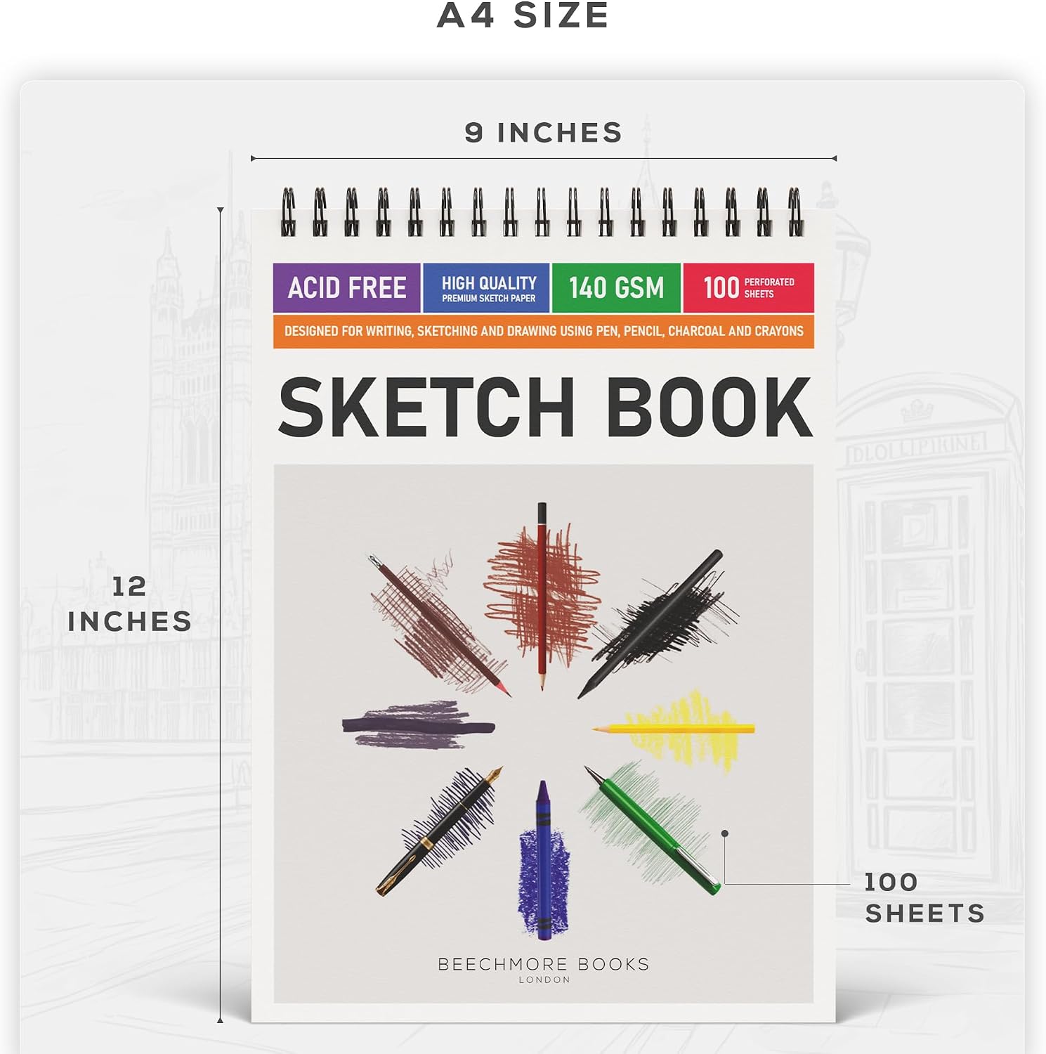 Detalle 2 de Beechmore Books 9x12 Spiral Bound Sketchbook – 100 Perforated Sheets, 140 GSM