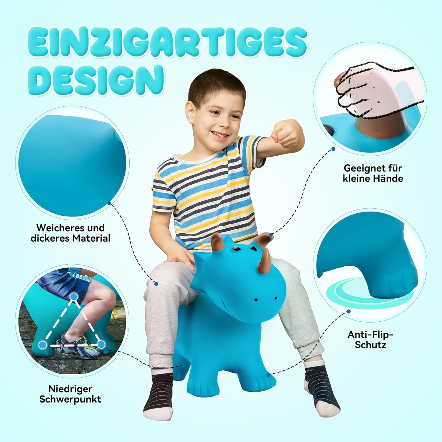 Detalle de U&C Planet Hüpftier Dinosaurier Hopper – robustes PVC-Hüpfspielzeug für Kinder 1–6 Jahre