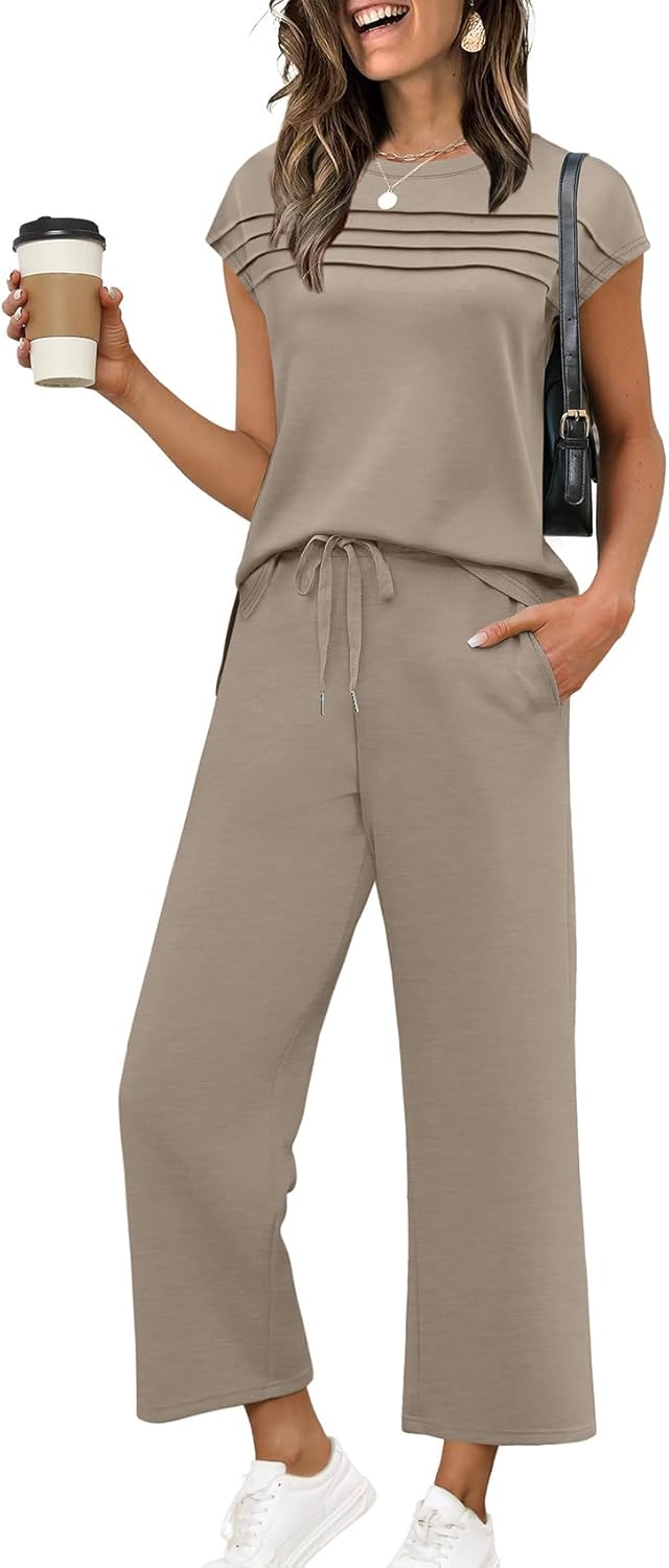 Detalle de WIHOLL Two-Piece Cap Sleeve Lounge Set with Wide-Leg Crop Pants (S–3XL)
