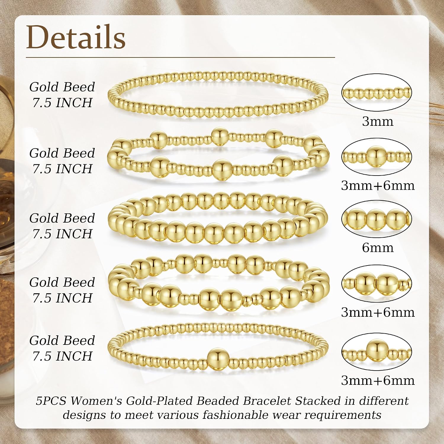 Detalle 2 de Sahoottie 5 Pcs Gold Beaded Bracelets for Women – Gold Plated, Stretch, Stackable