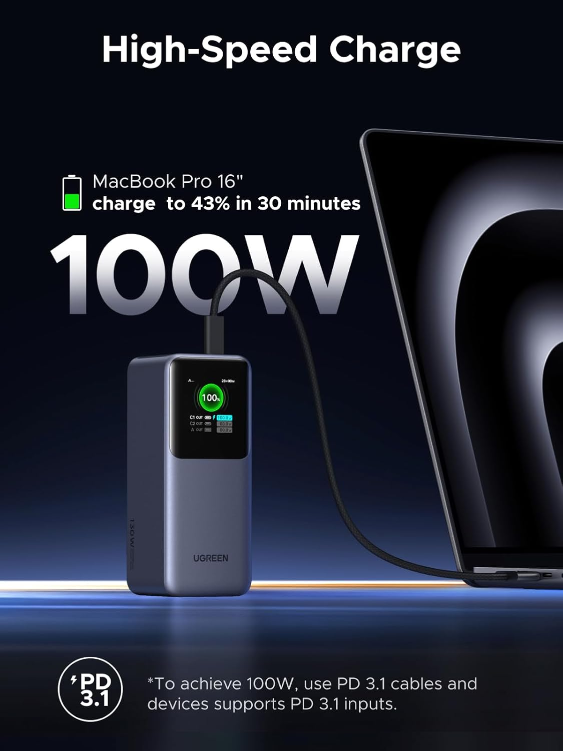 Thumbnail 1 de UGREEN Nexode 20000mAh Power Bank (130W fast charging, 3 ports) with digital display
