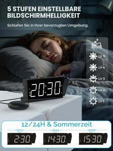 Thumbnail 4 de Mesqool Digitaluhr mit 180° Projektor und Vibrator – Projektionswecker mit Doppel-Alarm und Vibra-Unterstützung