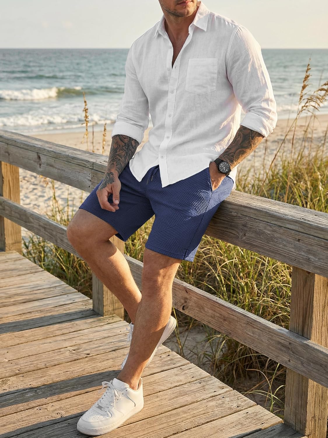 Detalle de JMIERR Herren Textur Kurze Hosen mit 3 Taschen – Sommer 2026, lockerer Fit, elastischer Bund