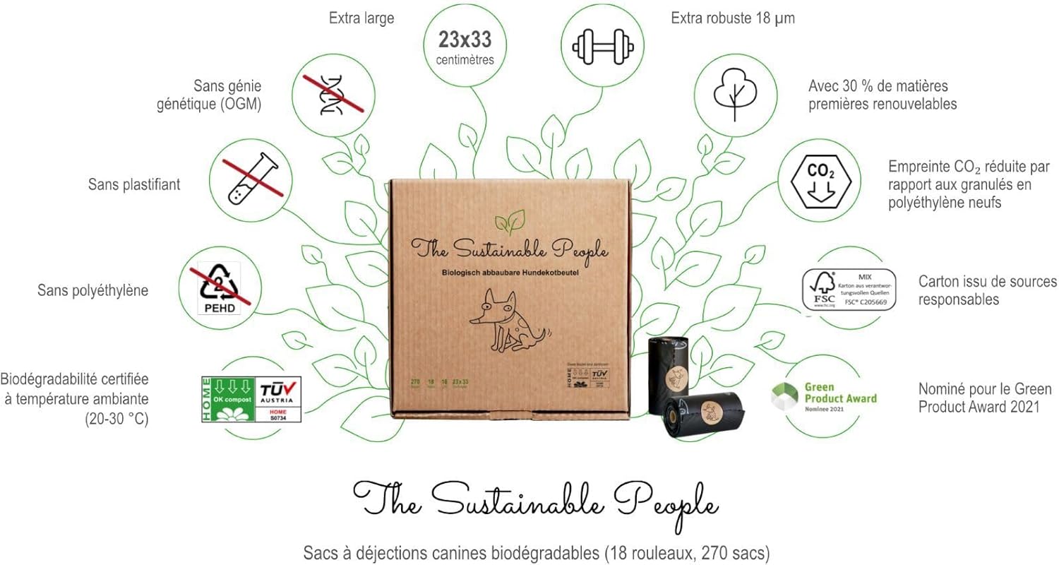Detalle 2 de The Sustainable People 270 sacs compostables pour déchets canins (OK compost HOME) — grands et extra épais