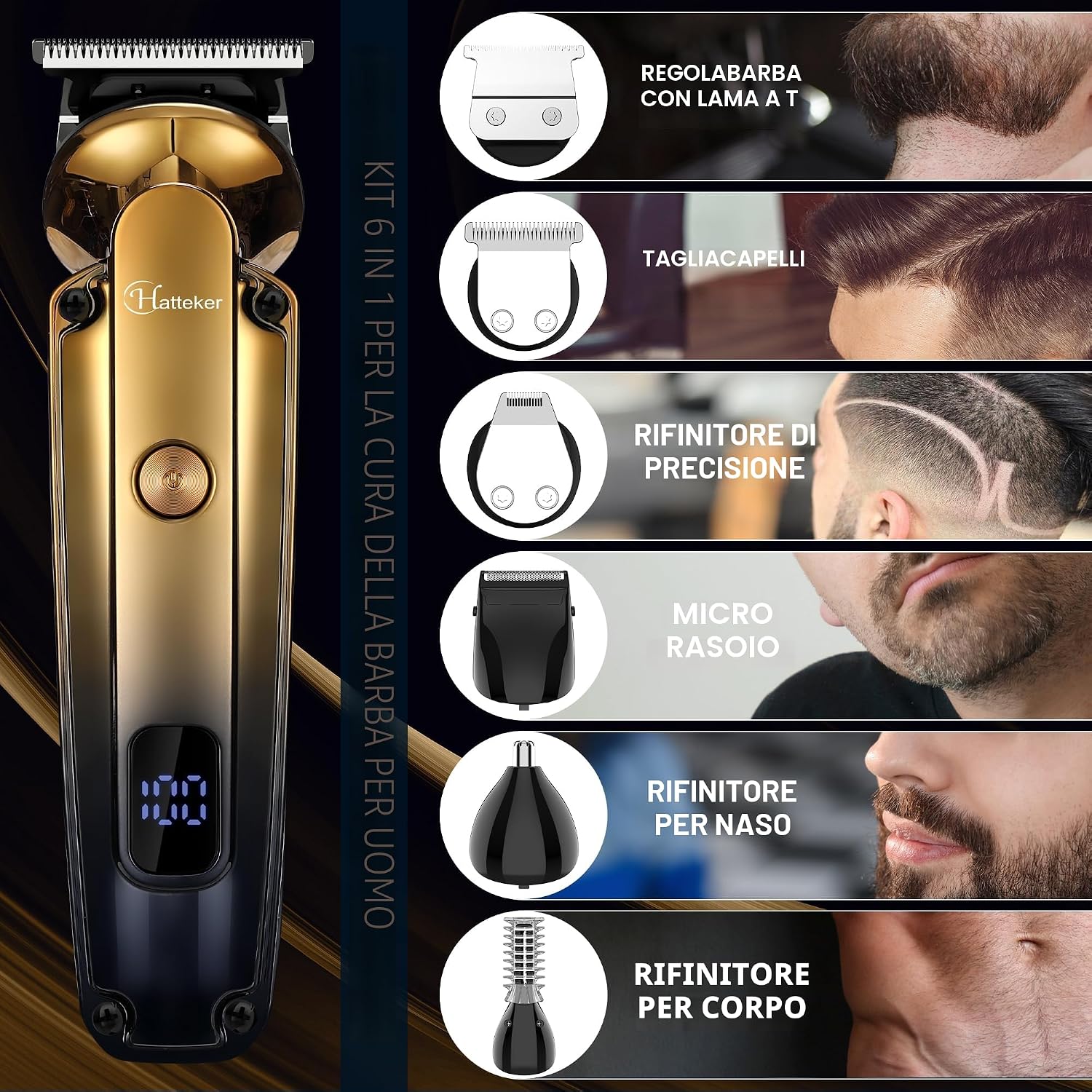 Detalle 2 de Hatteker 6-in-1 Kit Professionale: Trimmer T-blade Zero Gap, Tagliacapelli e Grooming completo per Uomo