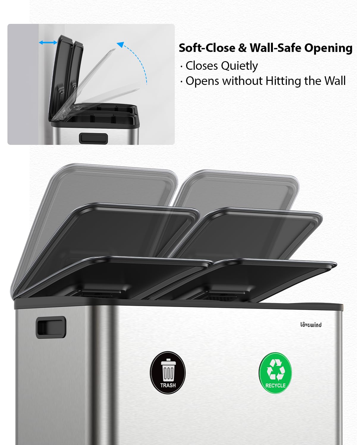 Detalle 2 de Lovewind Dual Trash and Recycling Bin, 2 x 13-Gallon, Stainless Steel