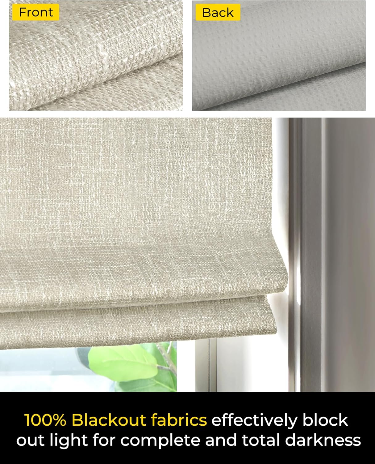 Detalle de No Tools No Drill Cordless Roman Shades (35" W × 64" H) 100% Blackout Beige for Inside-Mount Windows
