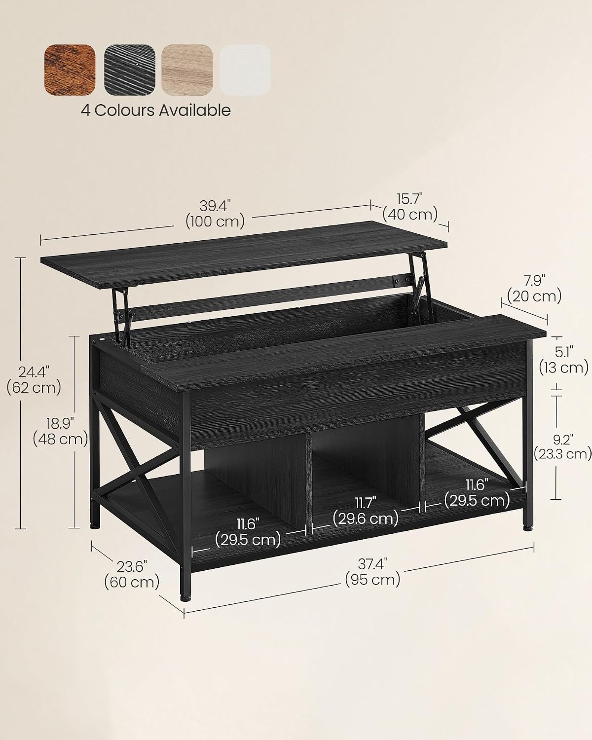 Detalle de VASAGLE LCT205B22 Lift-Top Coffee Table, 3 Open Compartments, Charcoal Grey