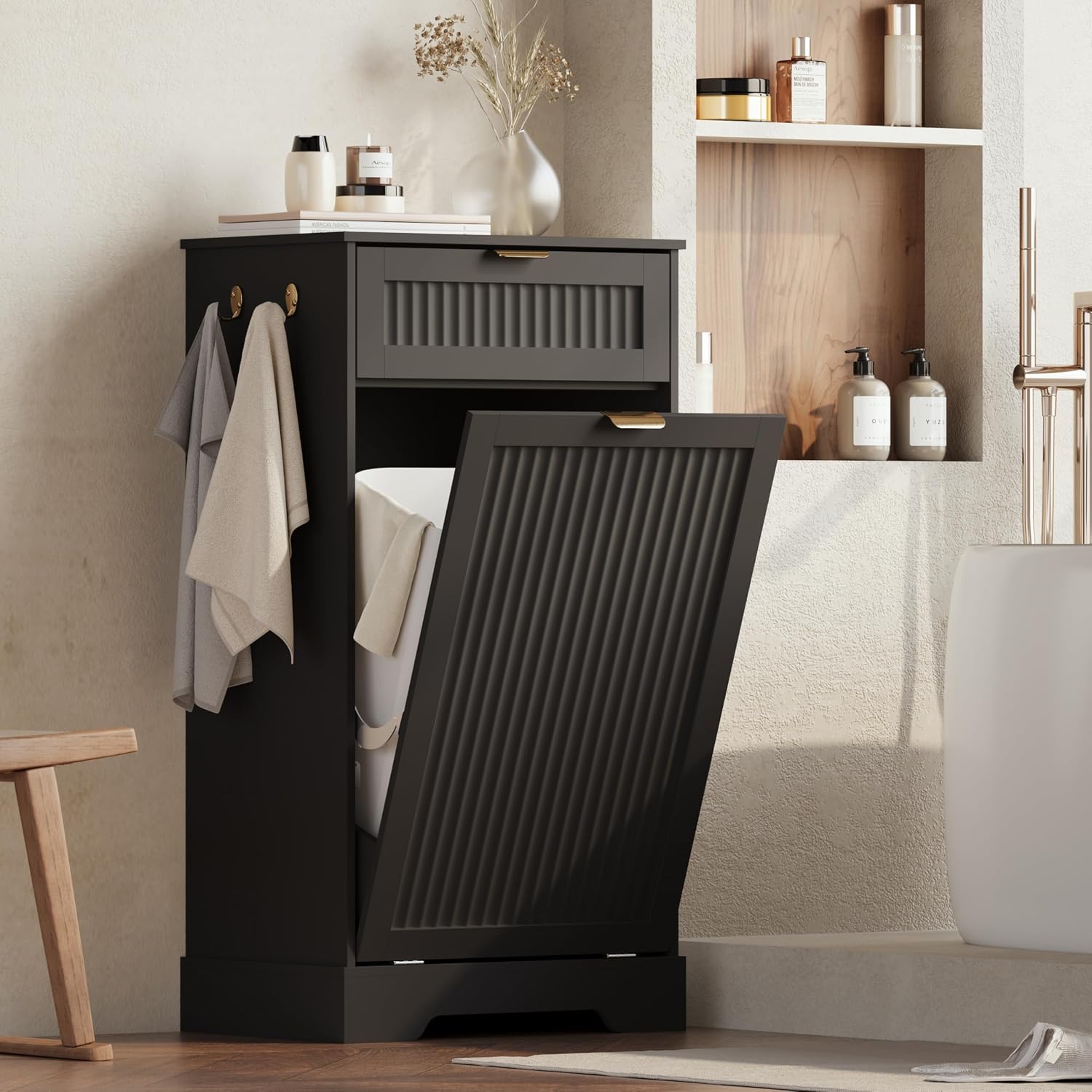 Detalle de METOTI HLG186-BK-01 Tilt-Out Trash Cabinet, 13-Gallon, Black Fluted