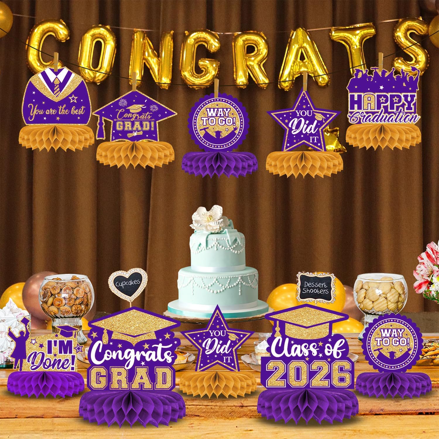 Thumbnail 1 de 8 Pieces Class of 2026 Graduation Table Decorations – Purple and Gold Honeycomb Centerpieces