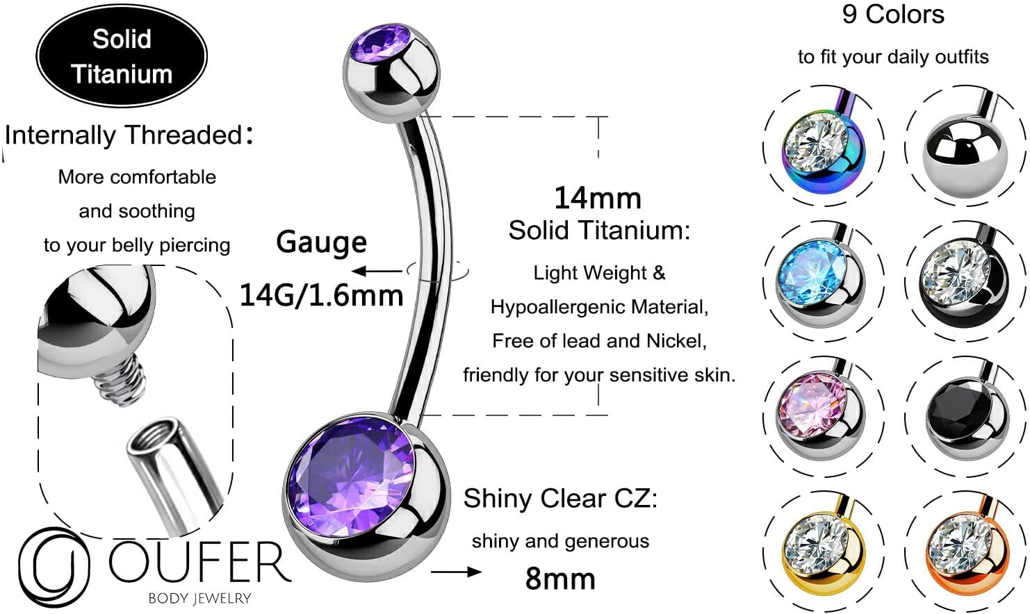 Detalle 2 de OUFER Belly Button Bar 14G 14MM Titane