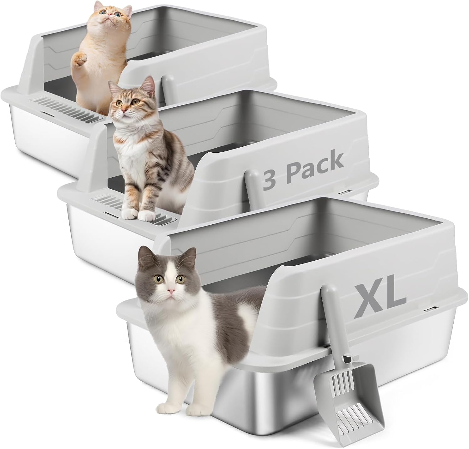 Thumbnail 6 de Bartuke 2er-Set Edelstahl Katzenklo XL mit hohen Wänden und Schaufel (hellgrau)