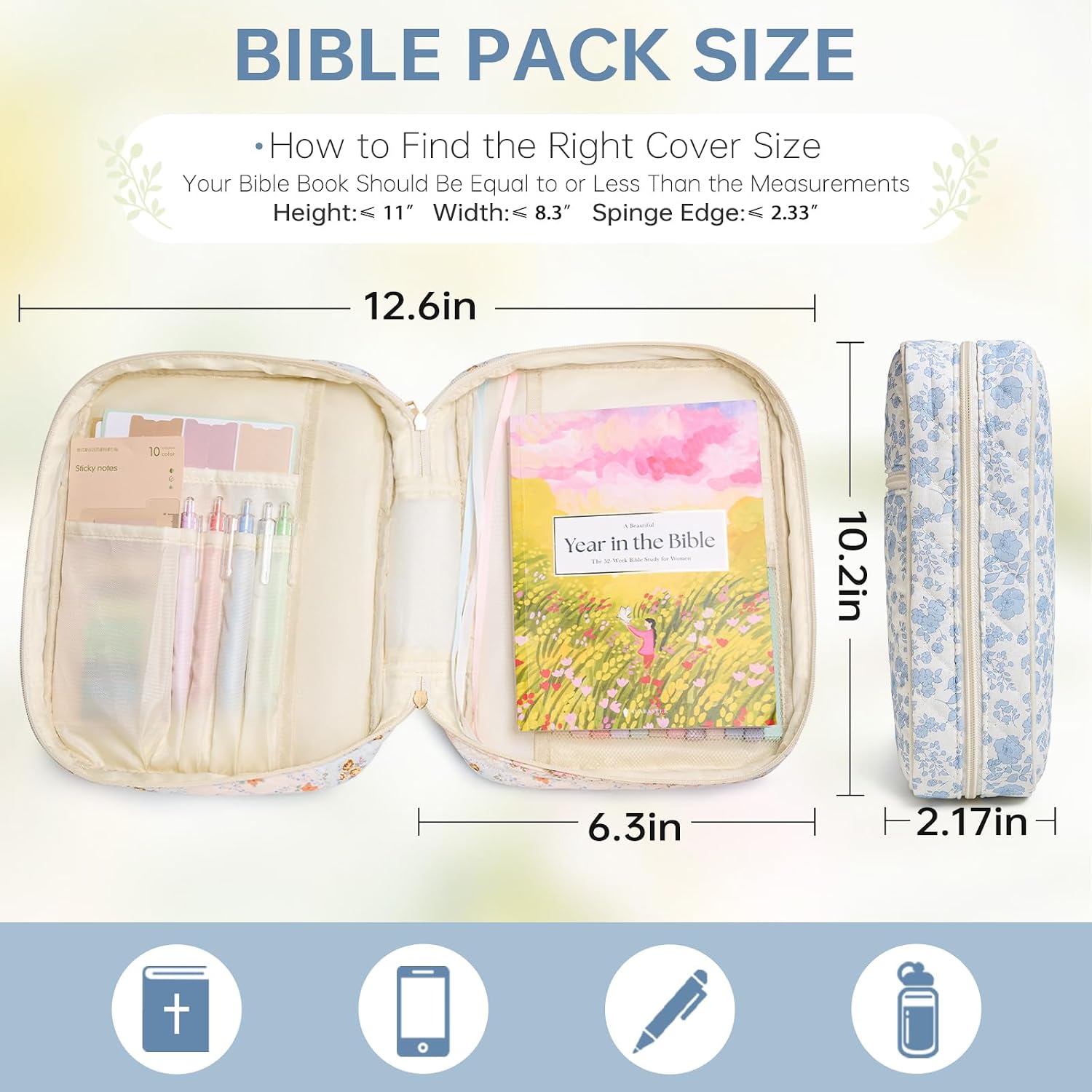 Thumbnail 2 de YKFLY Quilted Bible Cover with Handle, Zipper, and Blue Floral Cotton