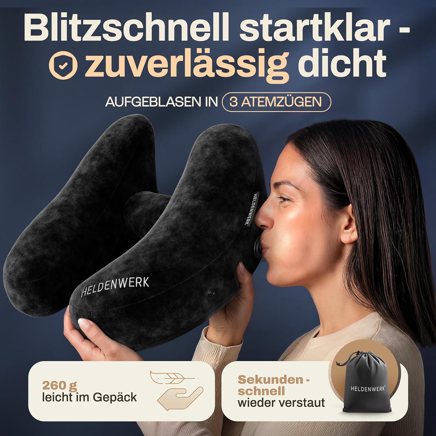 Detalle de HELDENWERK Air Nackenkissen Flugzeug Aufblasbar – ErgoRing-Design, 5 Schlafpositionen