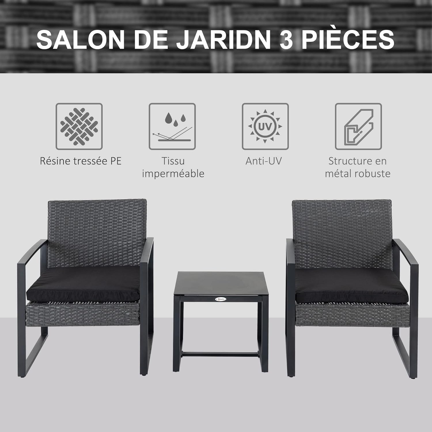 Thumbnail 2 de Outsunny Salon de Jardin 2 Places – Ensemble rotin PE avec Table Verre Trempé (gris)