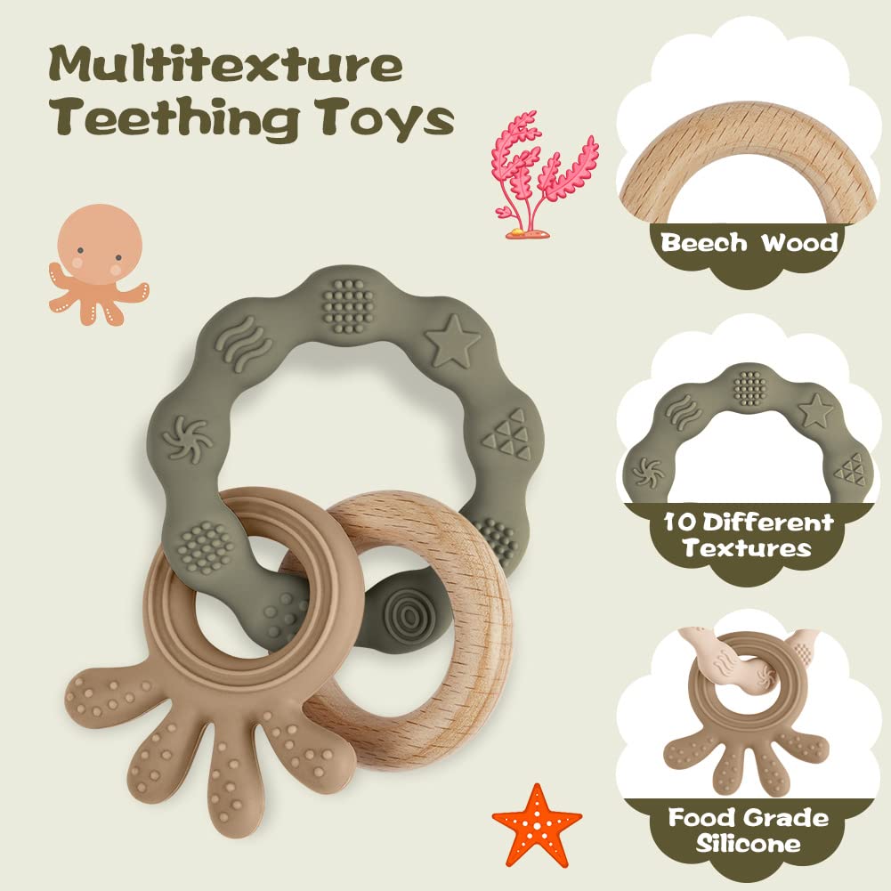 Detalle de Vicloon Beißring für Babys aus Silikon & Holzringe (BPA-frei) – Zahnungshilfe ab 3 Monaten