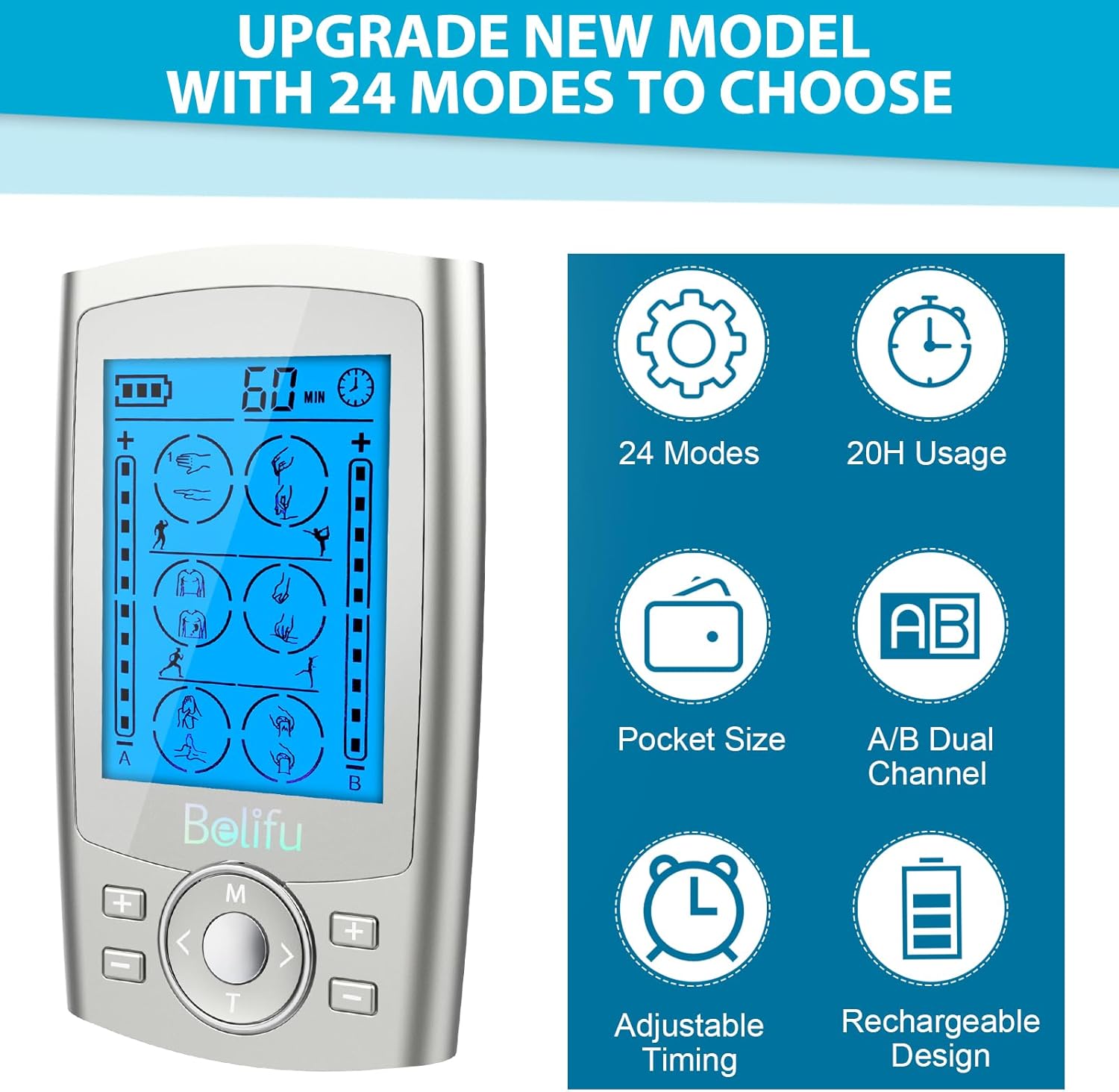 Thumbnail 3 de Belifu Dual Channel TENS EMS Unit 24 Modes: Pain Relief & Muscle Stimulation