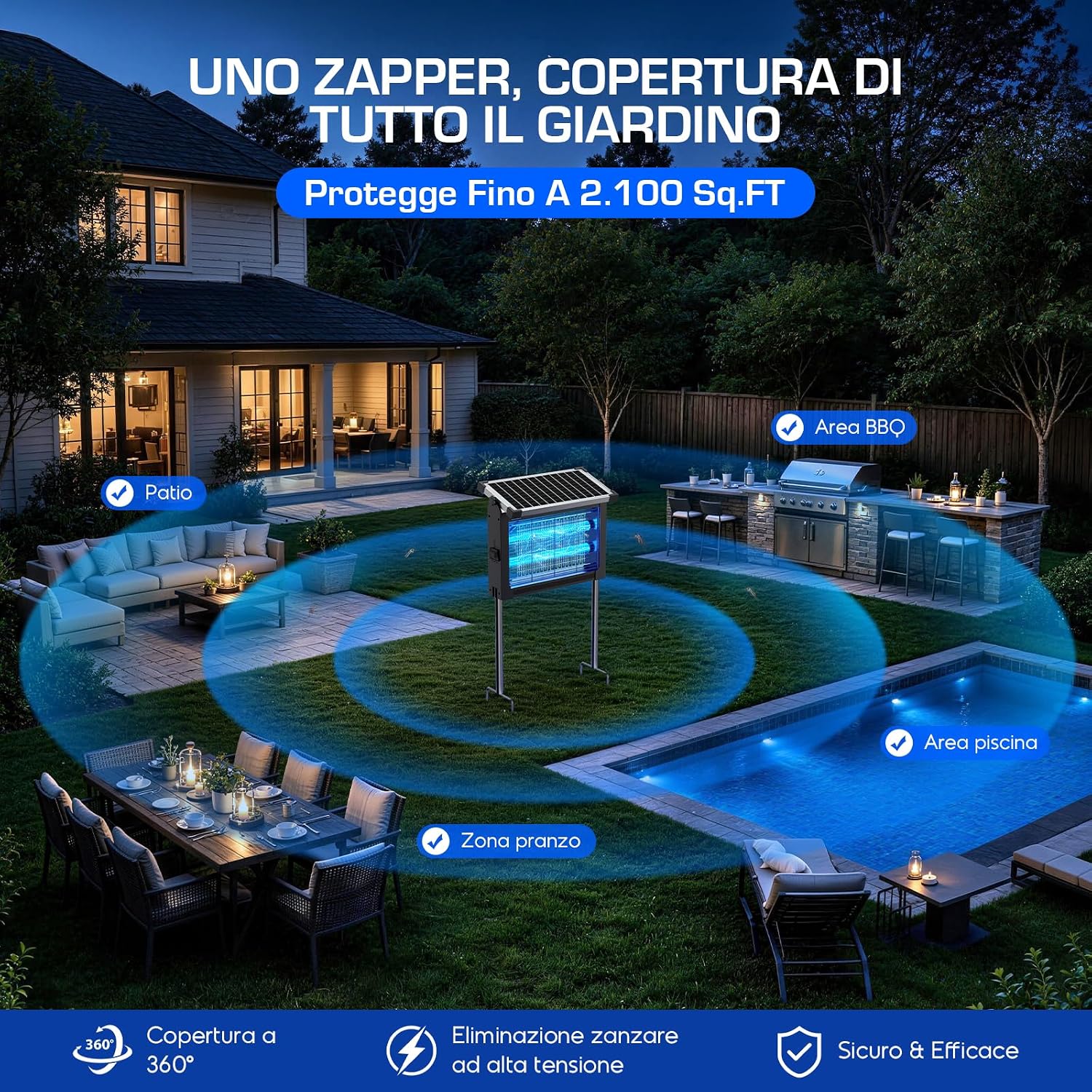 Detalle de Dnenellr Lampada Antizanzare Solare da Esterno IPX5 Nero con Pannello Regolabile, 4000mAh, USB-C e Controllo Crepuscolare