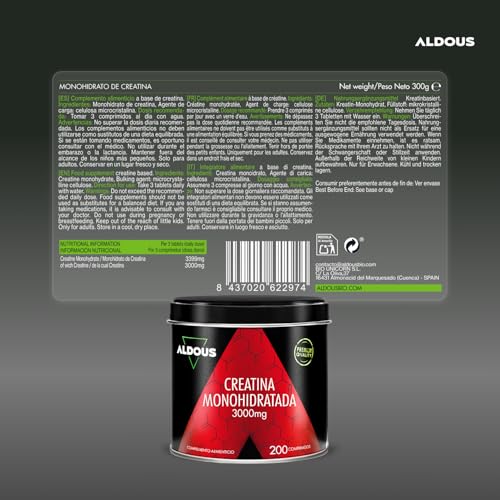 Detalle 2 de Creatina Monohidratada 3000 mg - Aldous Bio, 200 comprimidos