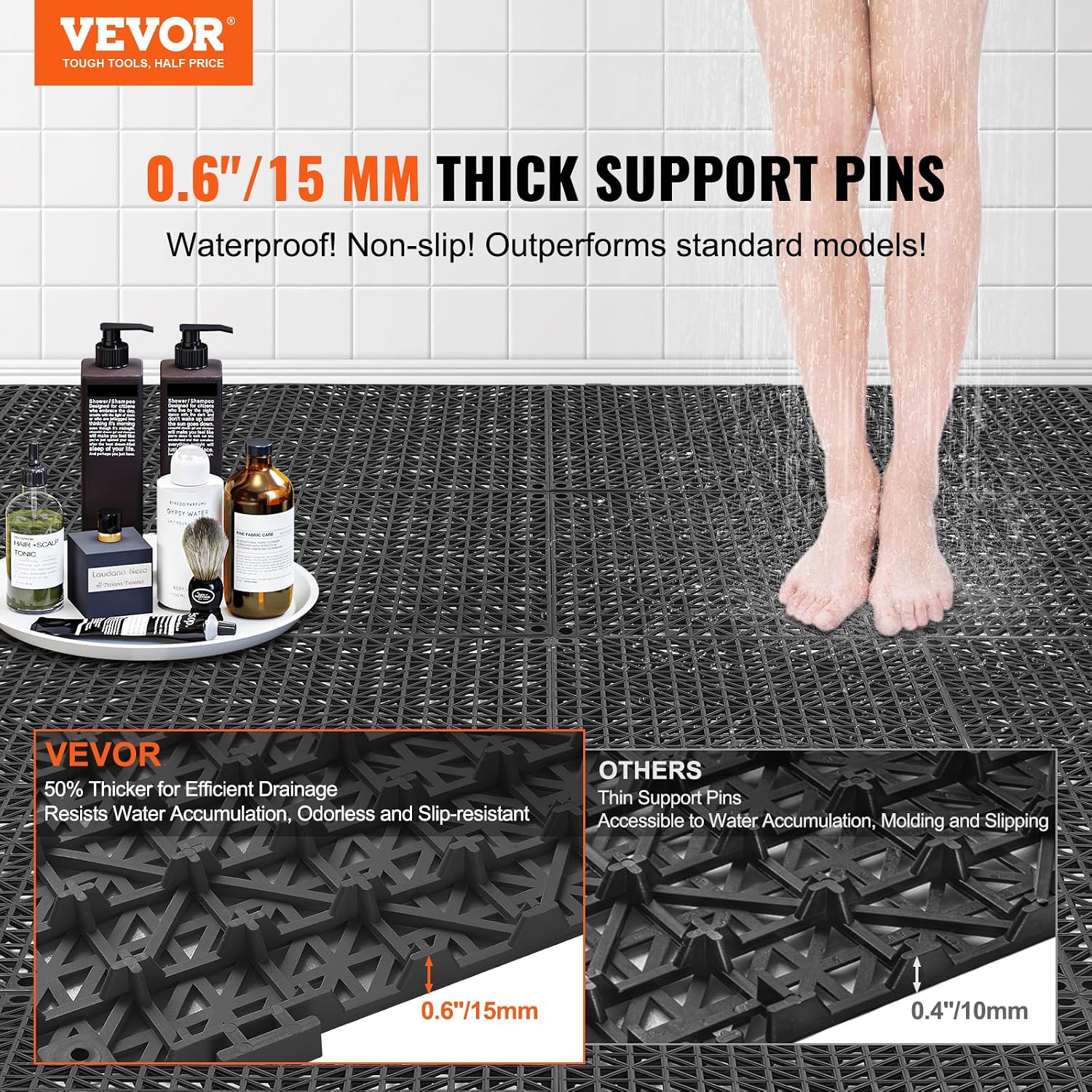 Detalle de VEVOR 30*30*1.5cm-B Interlocking PVC Drainage Tiles, 50-Pack, Black
