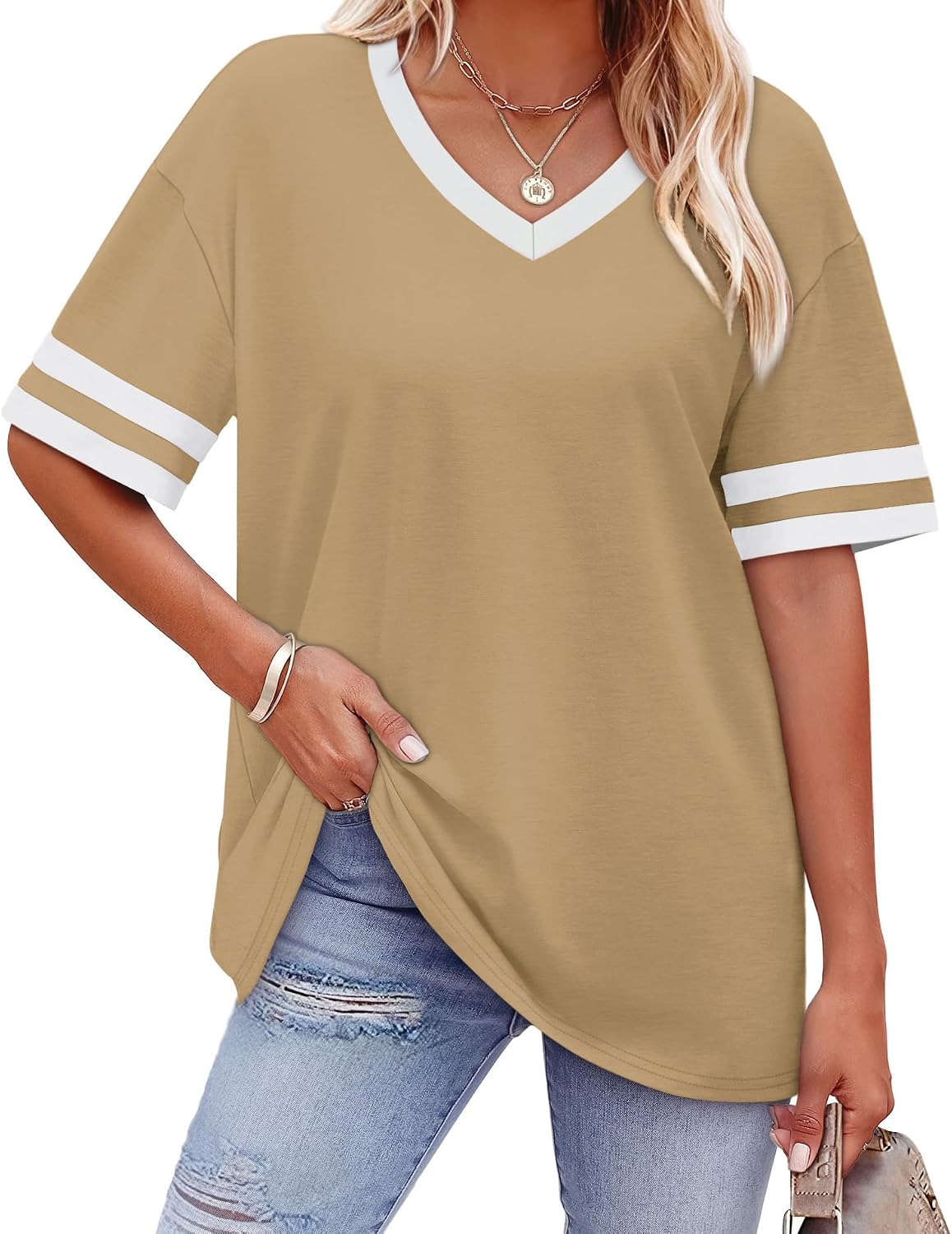 Detalle de WIHOLL Women's Loose Fit V-Neck Color Block T-Shirts (S-4XL)