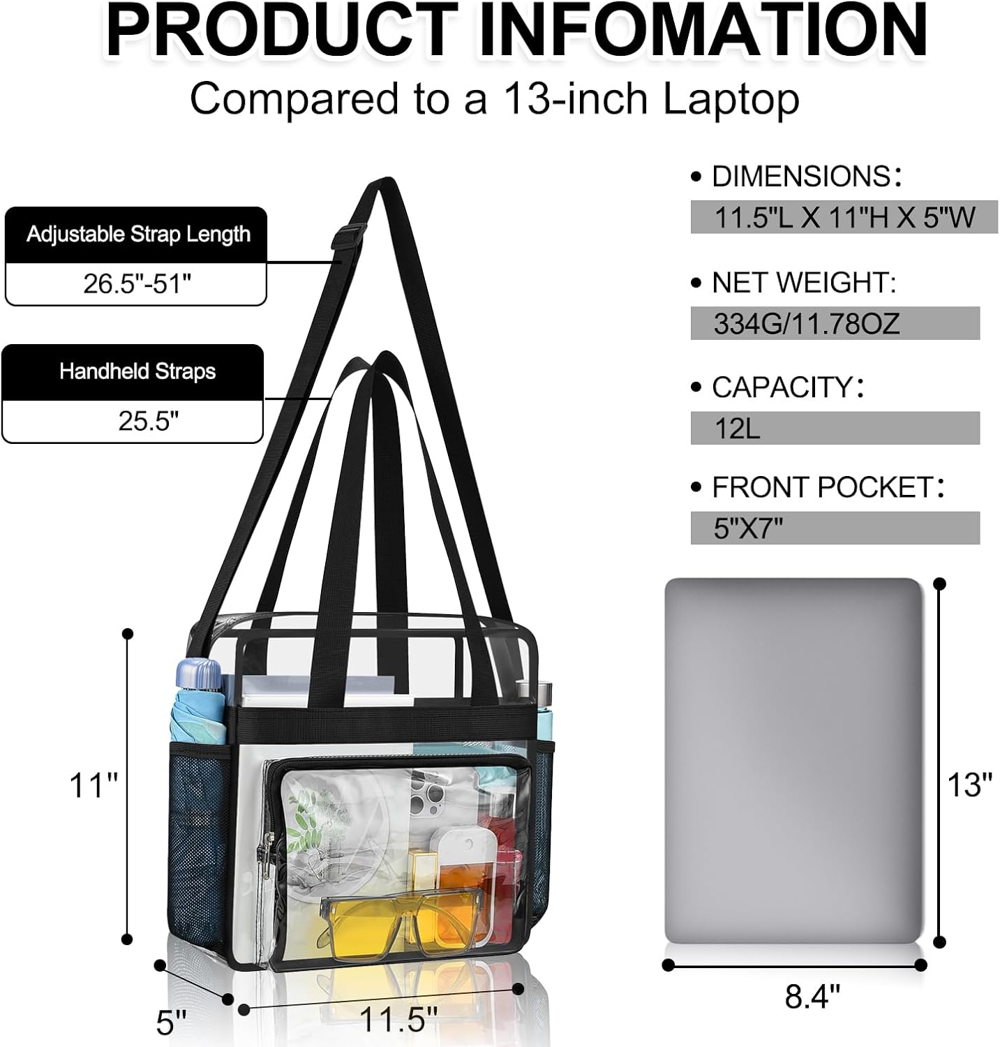 Thumbnail 1 de USPECLARE Clear Stadium Messenger Bag (12x6x12) for Events, Work, and Gym