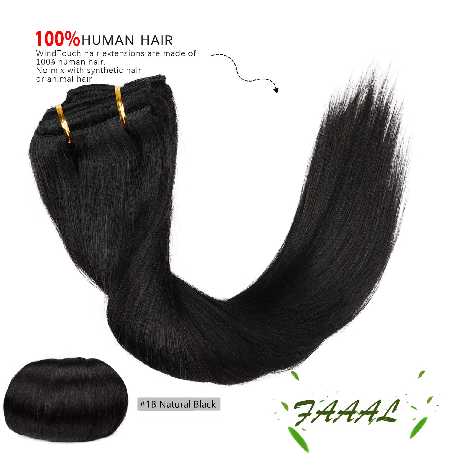 Detalle de 22" Clip-In Human Hair Extensions Full Head 200g (1B) — Double Weft, Natural Black