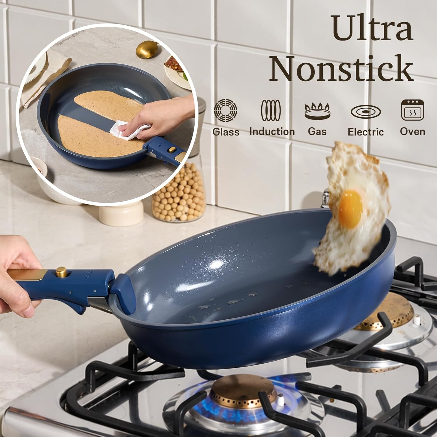 Thumbnail 3 de CAROTE Blue & Gold Ceramic Cookware Set: Non-Toxic, PFAS-Free 15-Piece with Detachable Handles