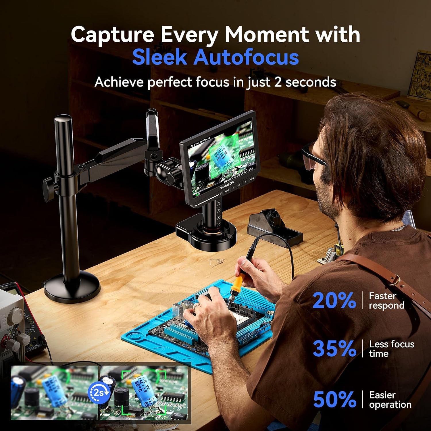 Thumbnail 1 de TOMLOV TM4K-AF Flex 4K Autofocus Digital Microscope (HDMI, 8" IPS, 2000X, 52MP)