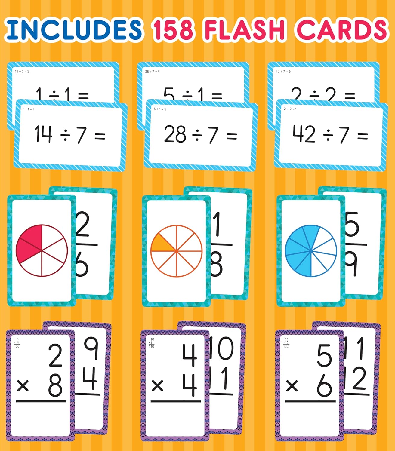 Detalle de Carson Dellosa Fractions, Multiplication & Division Flash Cards — 3-Pack for 3rd Grade Math Practice