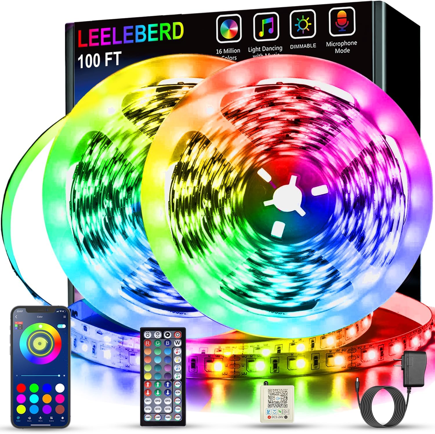 Imagen de Leeleberd Led Lights for Bedroom 100 ft (2 Rolls of 50 ft): Music Sync RGB LED Strip Lights with Remote & App Control en OfertitasTOP