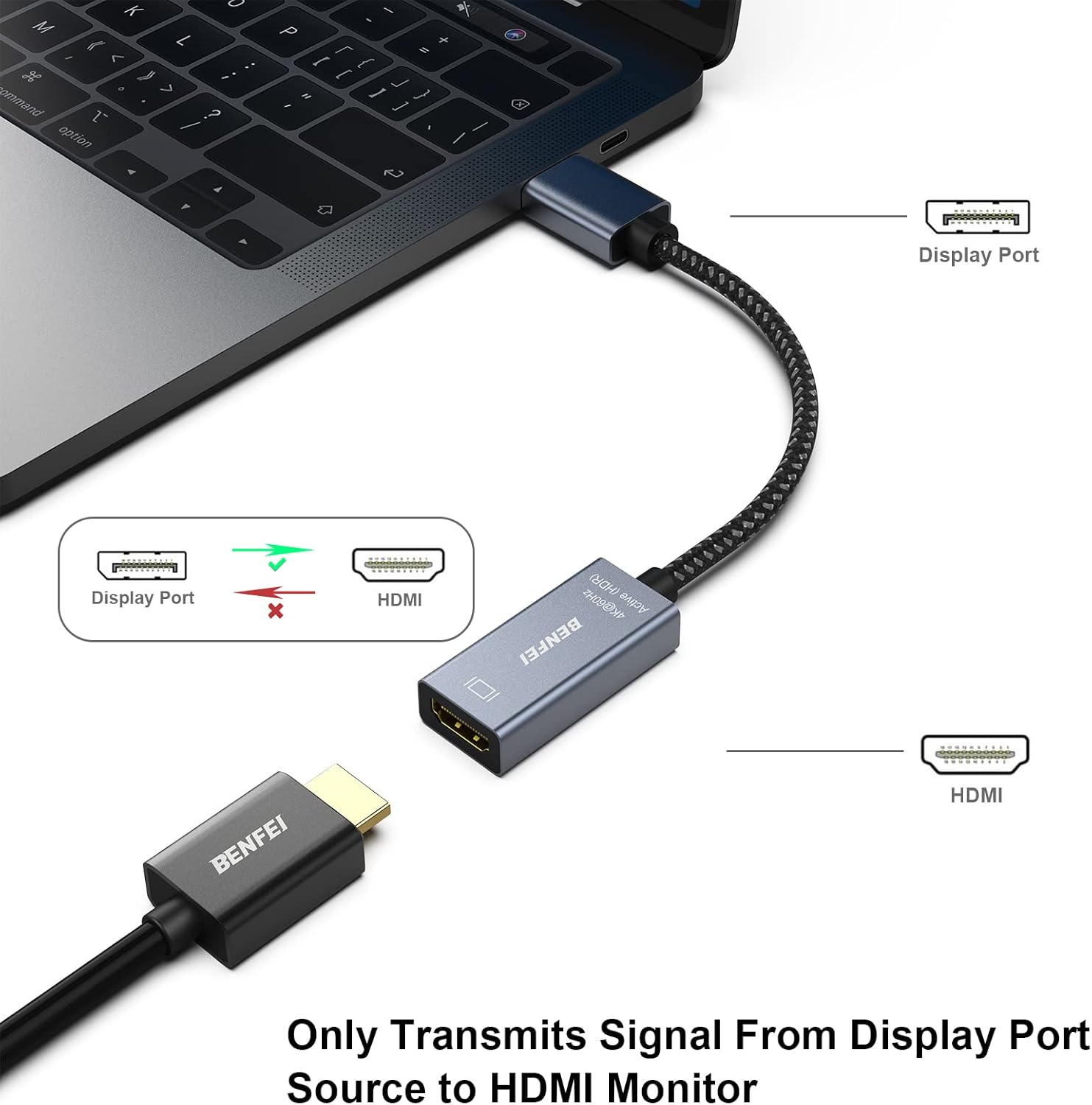 Thumbnail 1 de BENFEI Aktiv DisplayPort-auf-HDMI-Adapter (DP zu HDMI), unidirektional – für 4K@60 Hz & Multi-Display
