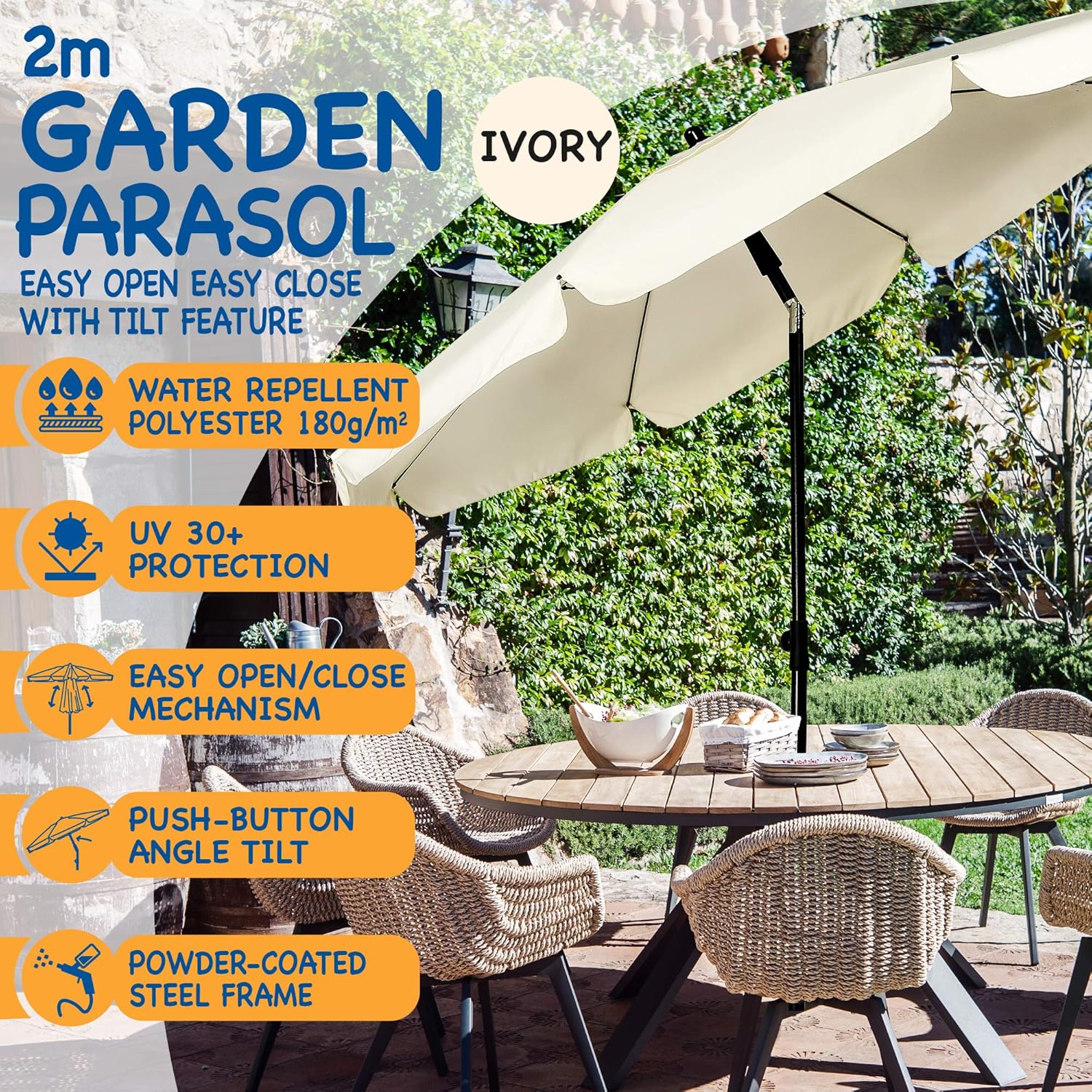 Thumbnail 5 de SUNMER 2M Beach Umbrella (Large Tilting) – Ivory, water-repellent & UV-protective parasol with 2-piece steel pole