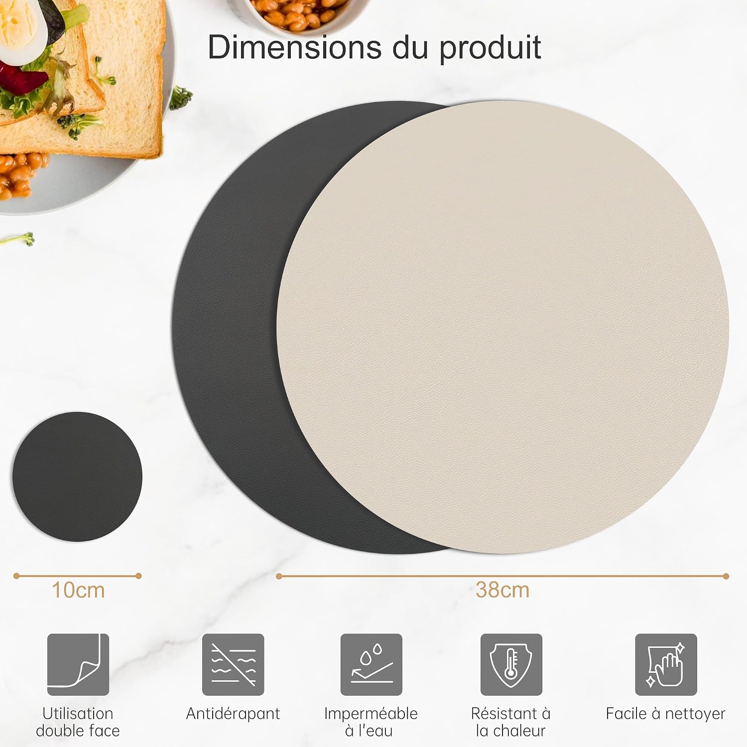 Thumbnail 6 de KitchenBoss Sets de Table Ø 38 cm – Lot de 6, Dessous de Table et Verre en Similicuir Charcoal Grey + Beige