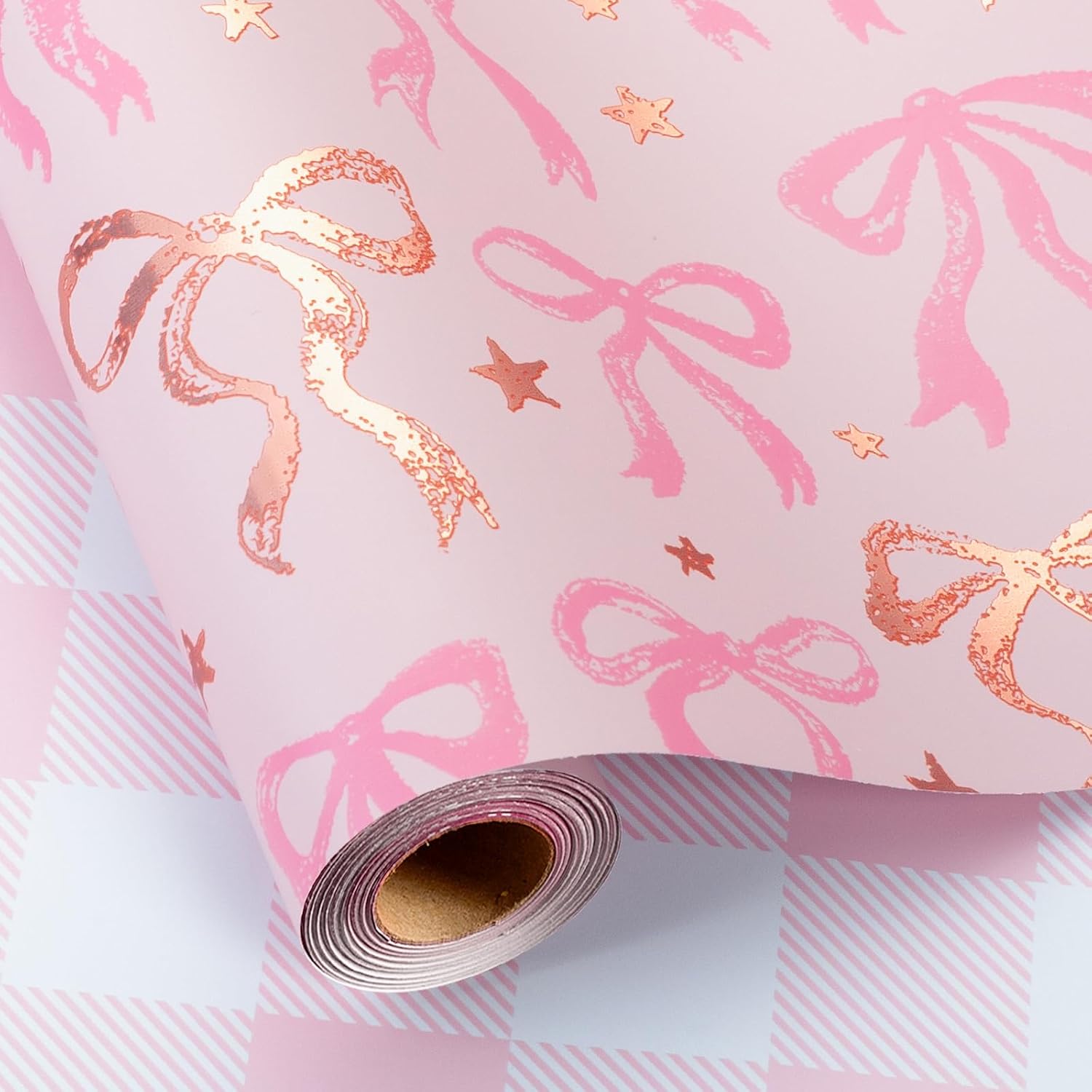 Detalle de MAYPLUSS Pink Bow Wrapping Paper Roll, 17 in x 16.5 ft