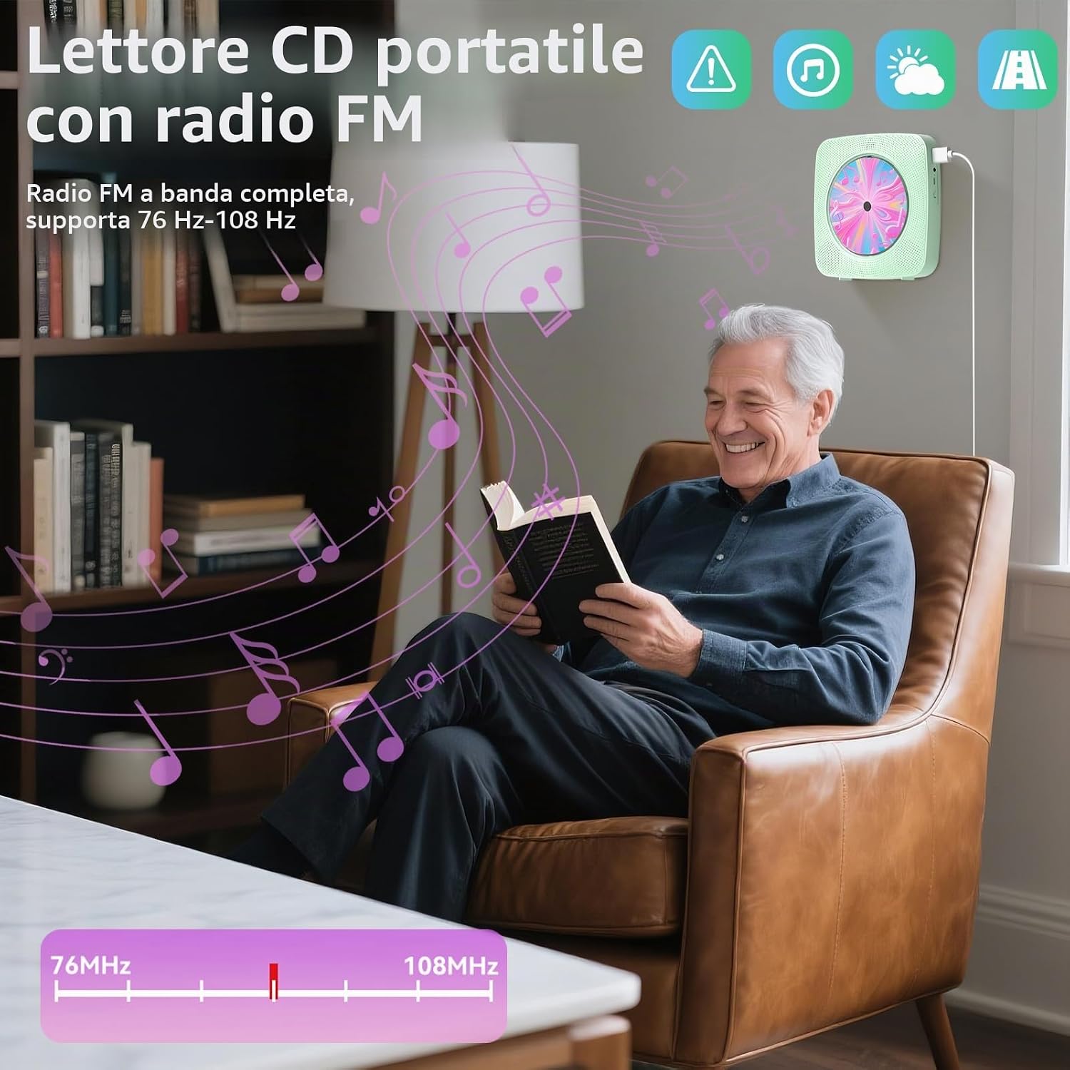 Detalle de Lettore CD Portatile hi-fi Kegaudio con Bluetooth, altoparlanti e supporto a parete – Verde