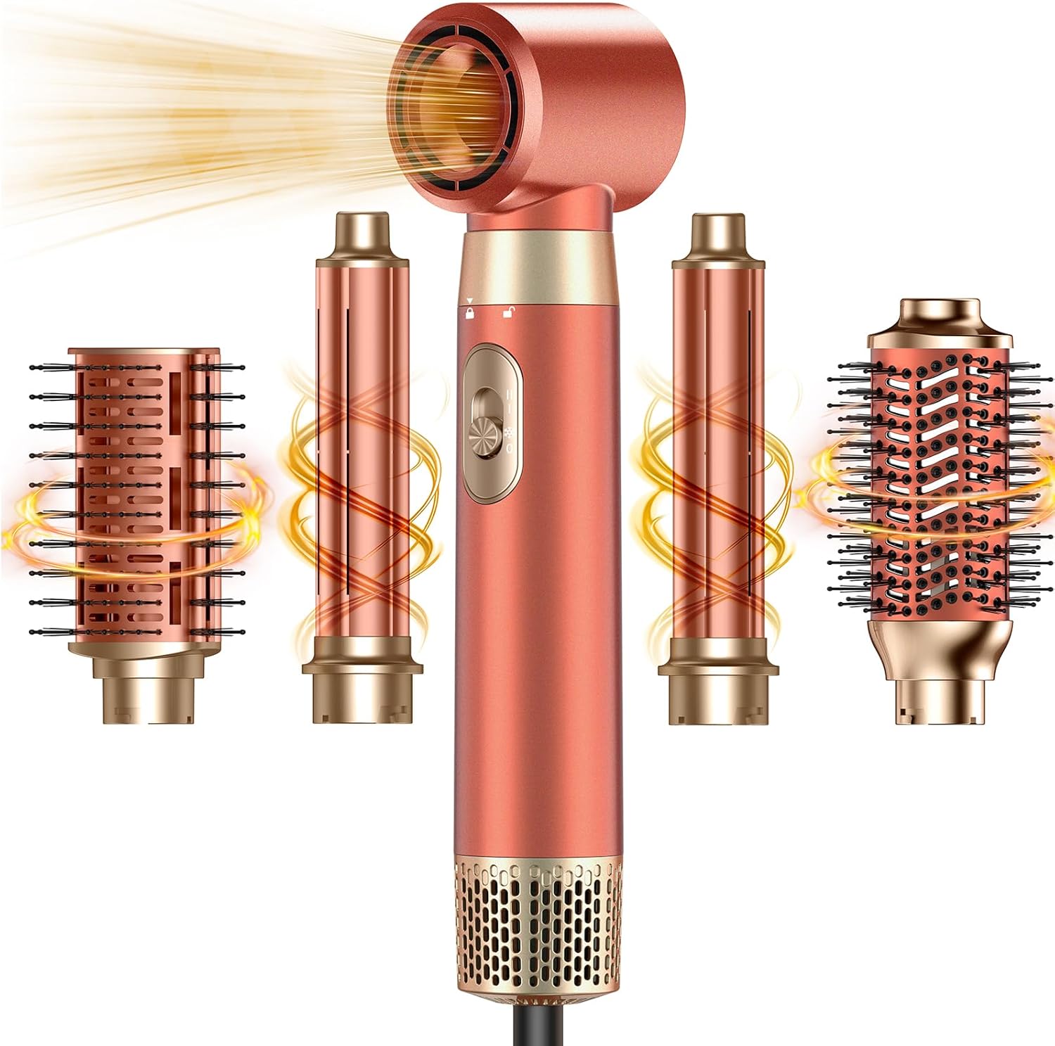 Detalle de 5 in 1 Blow Dryer Brush Set with 32mm Auto-Wrap Curler, Paddle Brush, and Detachable Hot Air Tool – Amber