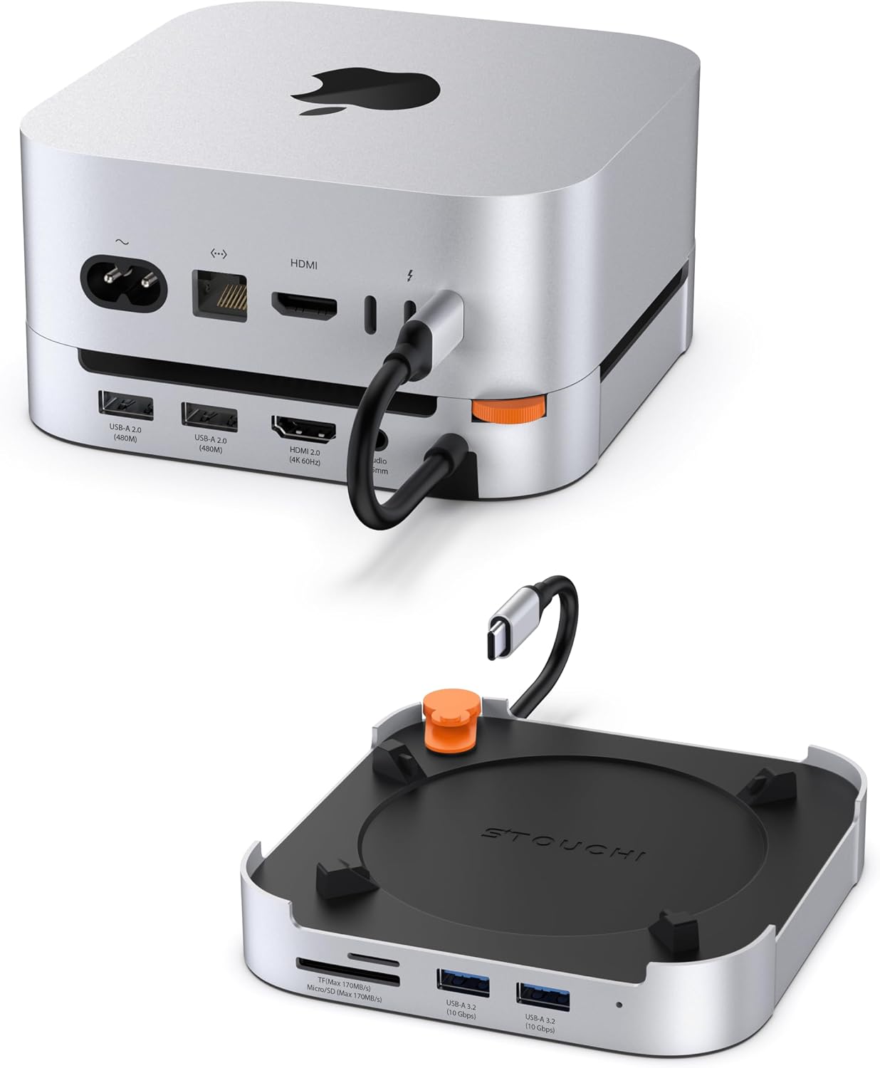 Detalle de Stouchi Mac Mini M4 Dock: 8TB SSD Enclosure, 8-Port Hub & Power Button for a Neat Mac Mini Setup