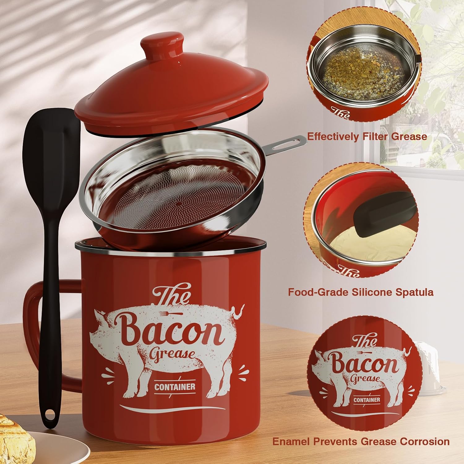 Detalle de Bacon Grease Container With Strainer (46OZ Large Enamel Grease Container) + Silicone Spatula
