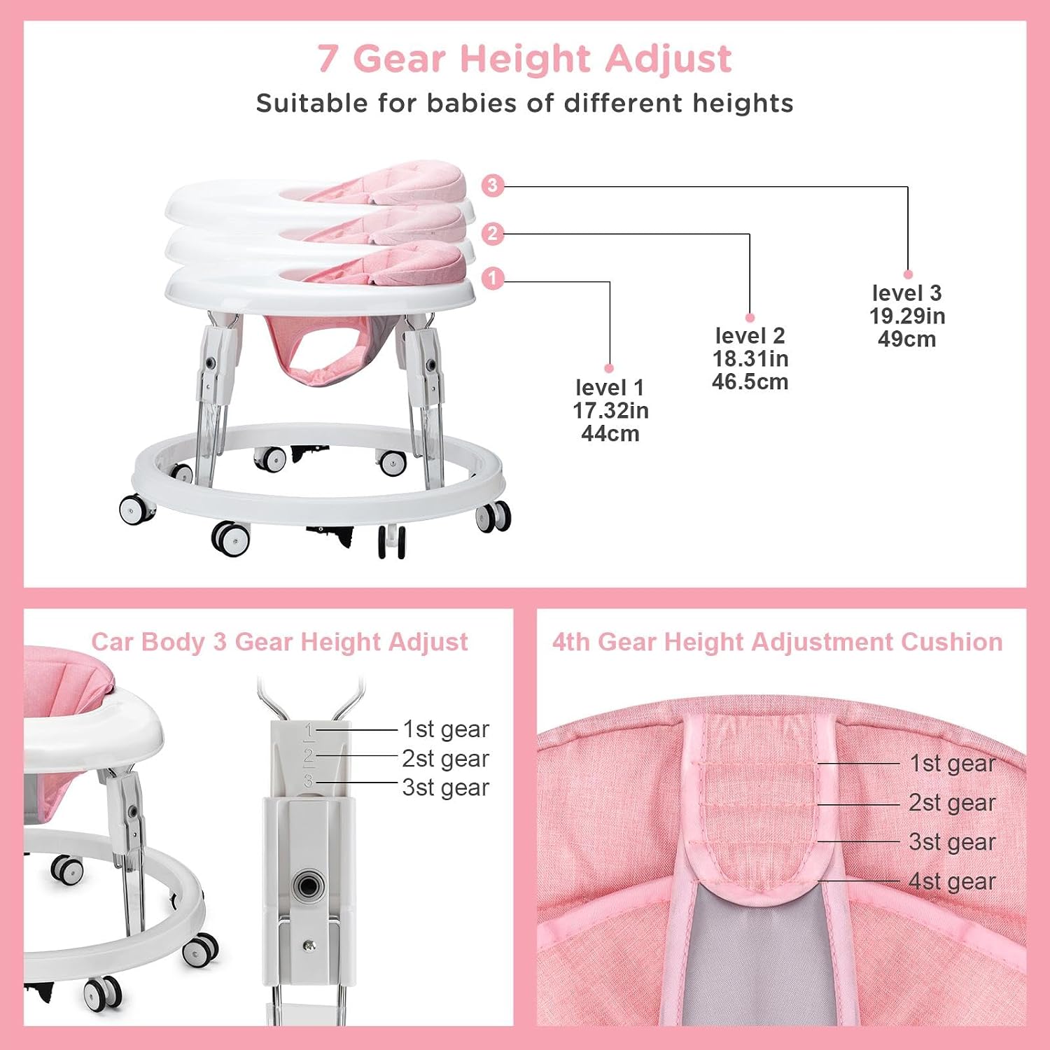 Detalle de Ansha Baby Pink Baby Walker with One-Touch Folding, Height Adjustment and Brake