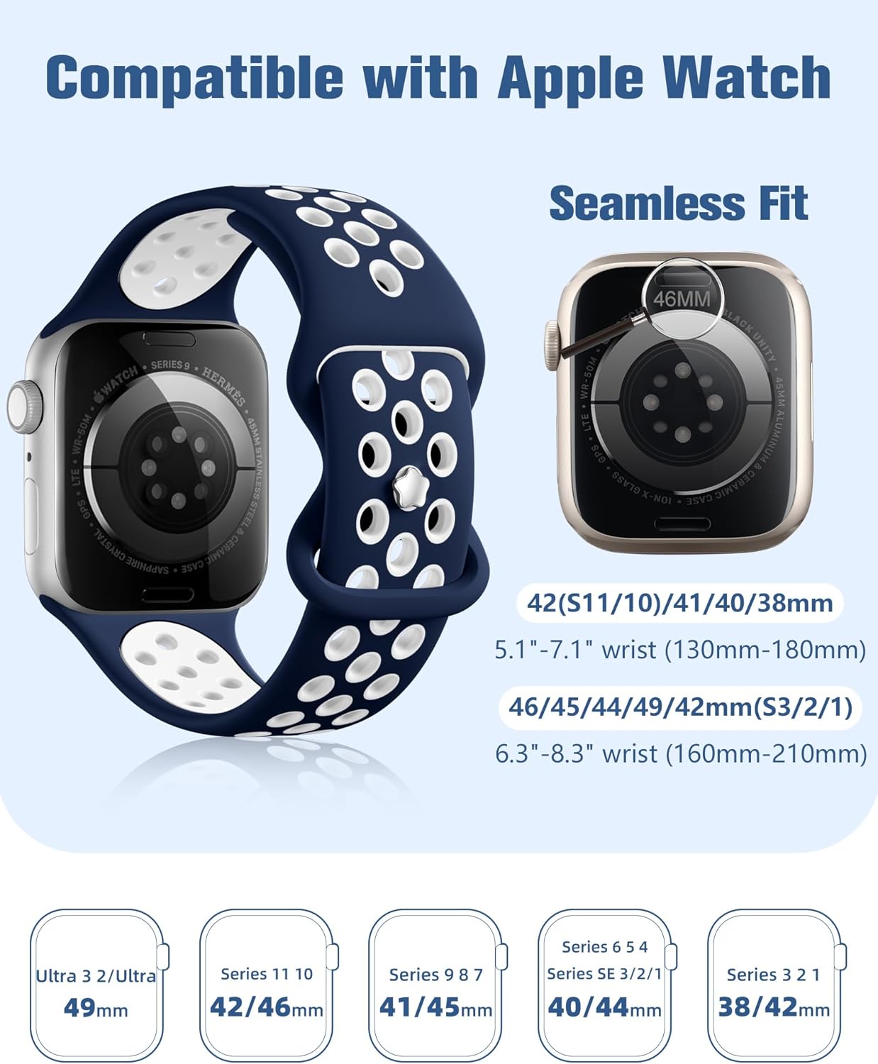 Thumbnail 5 de Adorve 4 Pack Sports Silicone Strap for Apple Watch (46mm–42mm) – Breathable Two-Tone Bands for iWatch Series 1–11, Ultra, SE