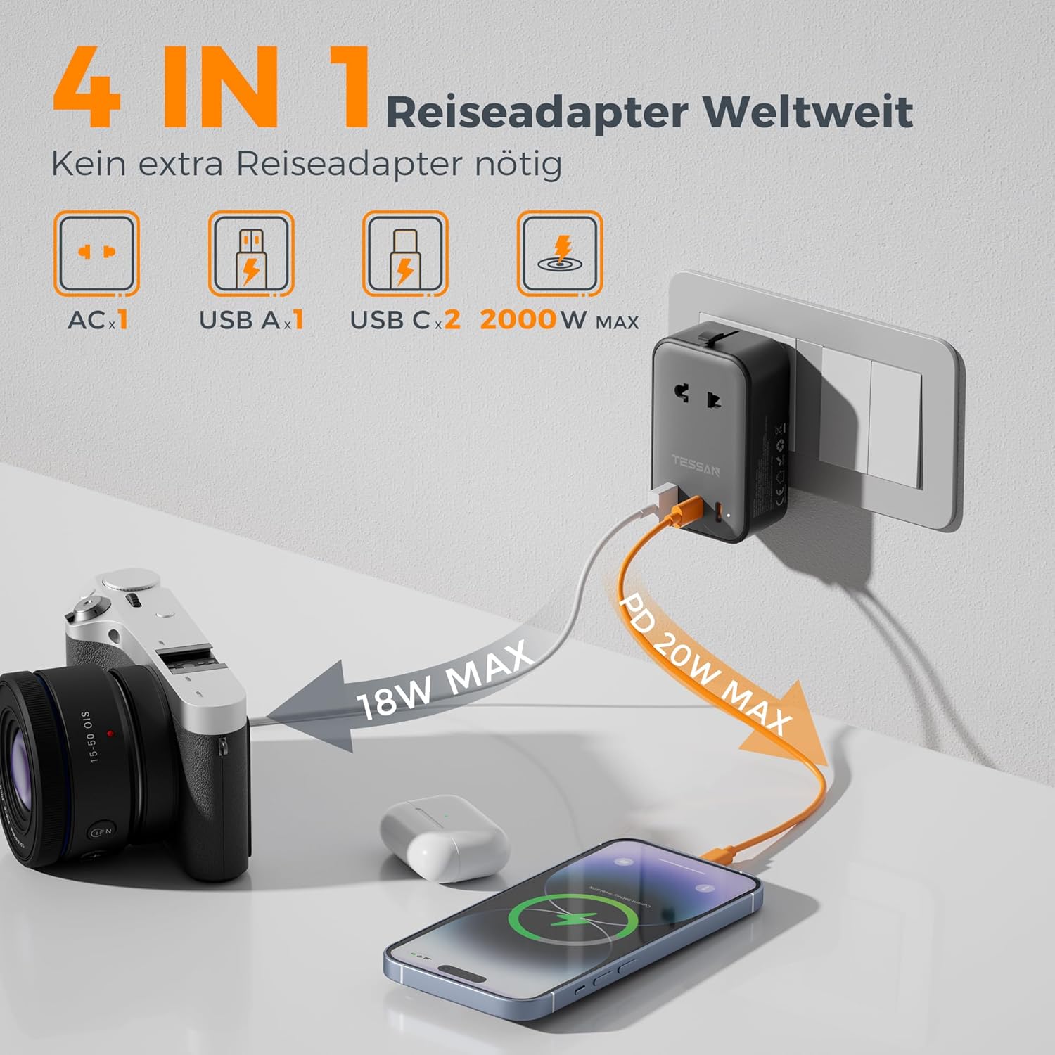 Detalle de TESSAN Reiseadapter PD 20W mit USB‑C und USB‑A 🌍