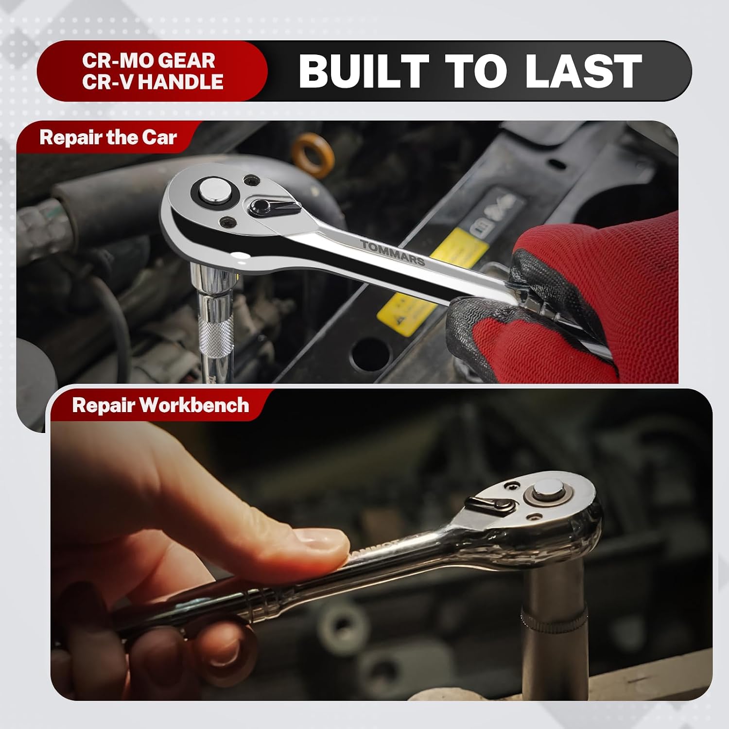 Detalle de TOMMARS 3/8-Inch Drive Ratchet Wrench, 72-Tooth, 5-Degree Swing Arc