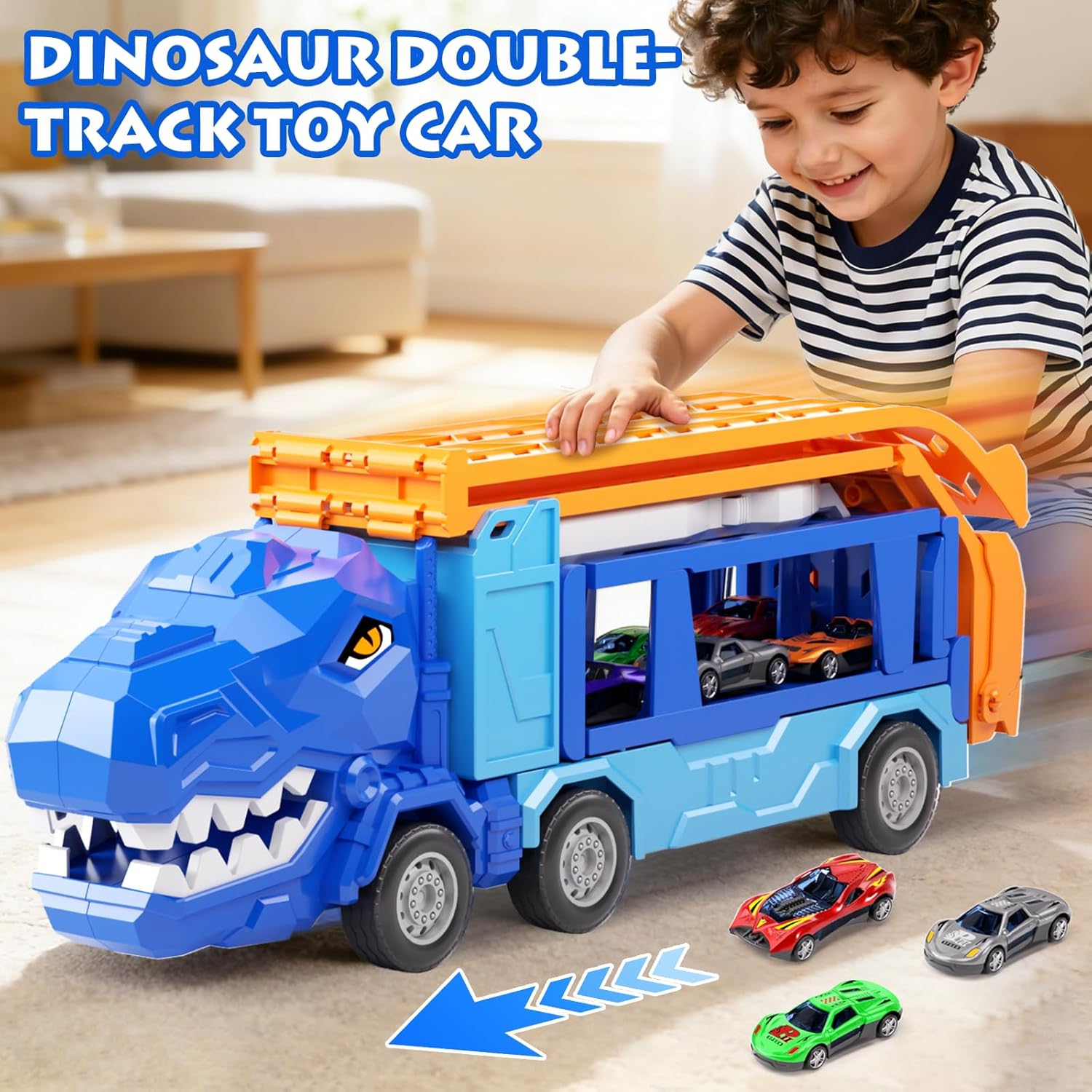 Thumbnail 3 de Doloowee Dinosaurier LKW Spielzeug-Set mit Kran und 12 Mini-Rennwagen (ab 3 Jahren)