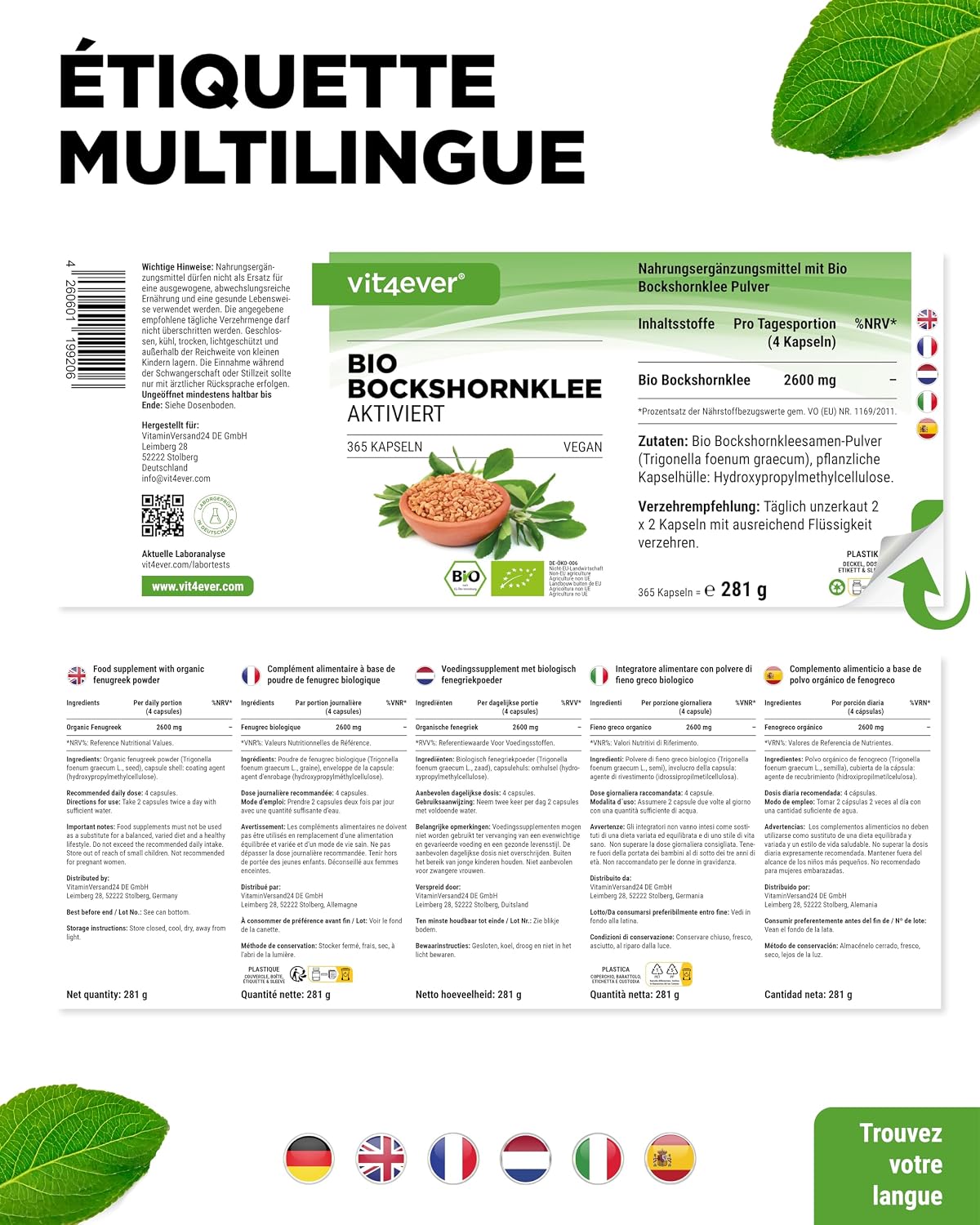 Detalle 2 de Fenugrec Activé Bio – 365 capsules végétaliennes (650 mg/capsule) – Fenugreek certifié bio