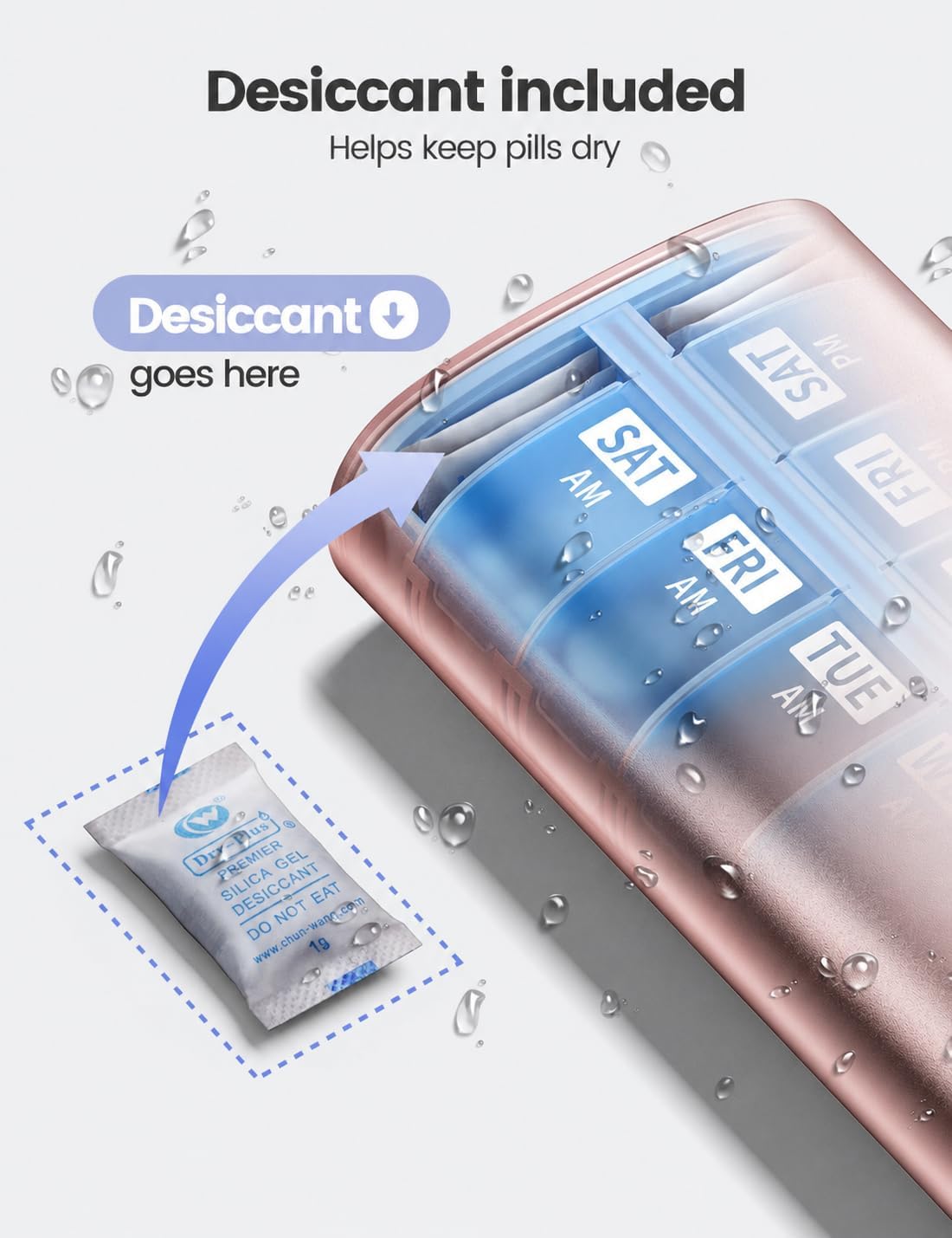 Detalle de Vaydeer Metal Pill Organizer, 7-Day AM/PM Case with Desiccant