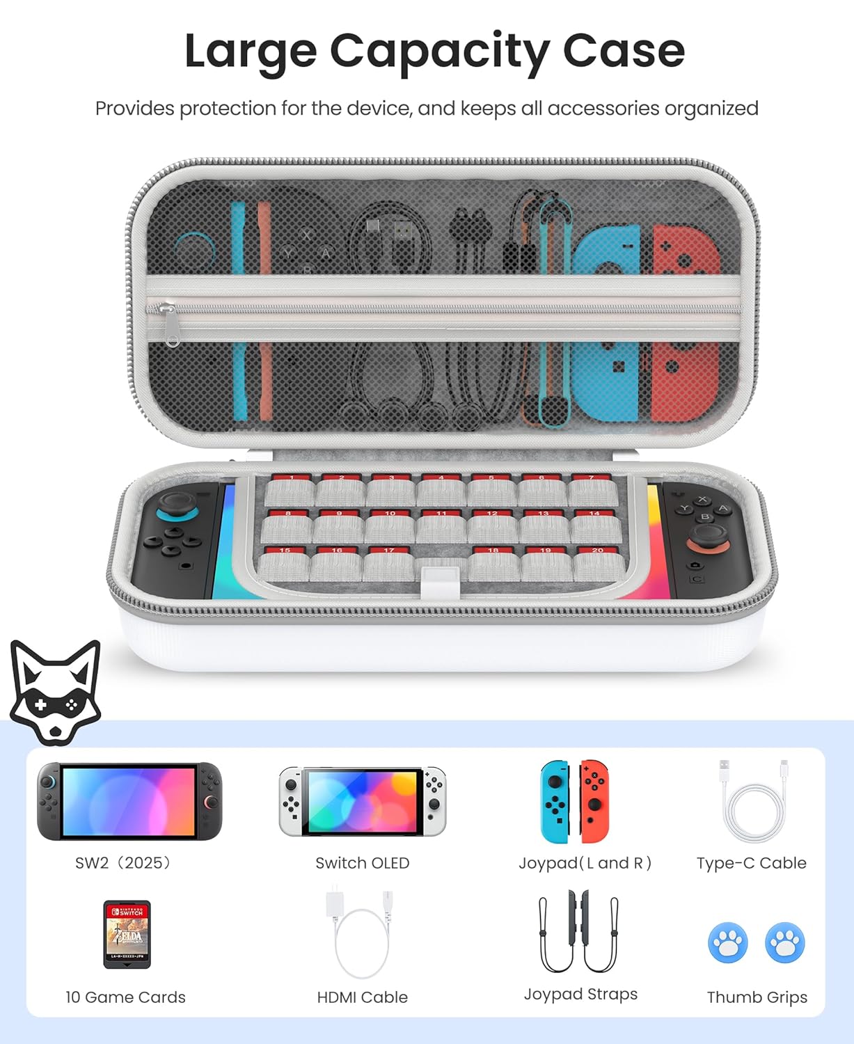 Detalle de HASACOOL Switch 2 Tasche – Wasserabweisend, stoßfest & 20 Kartenfächer für Nintendo Switch, Switch OLED & Switch 2 (Weiß)